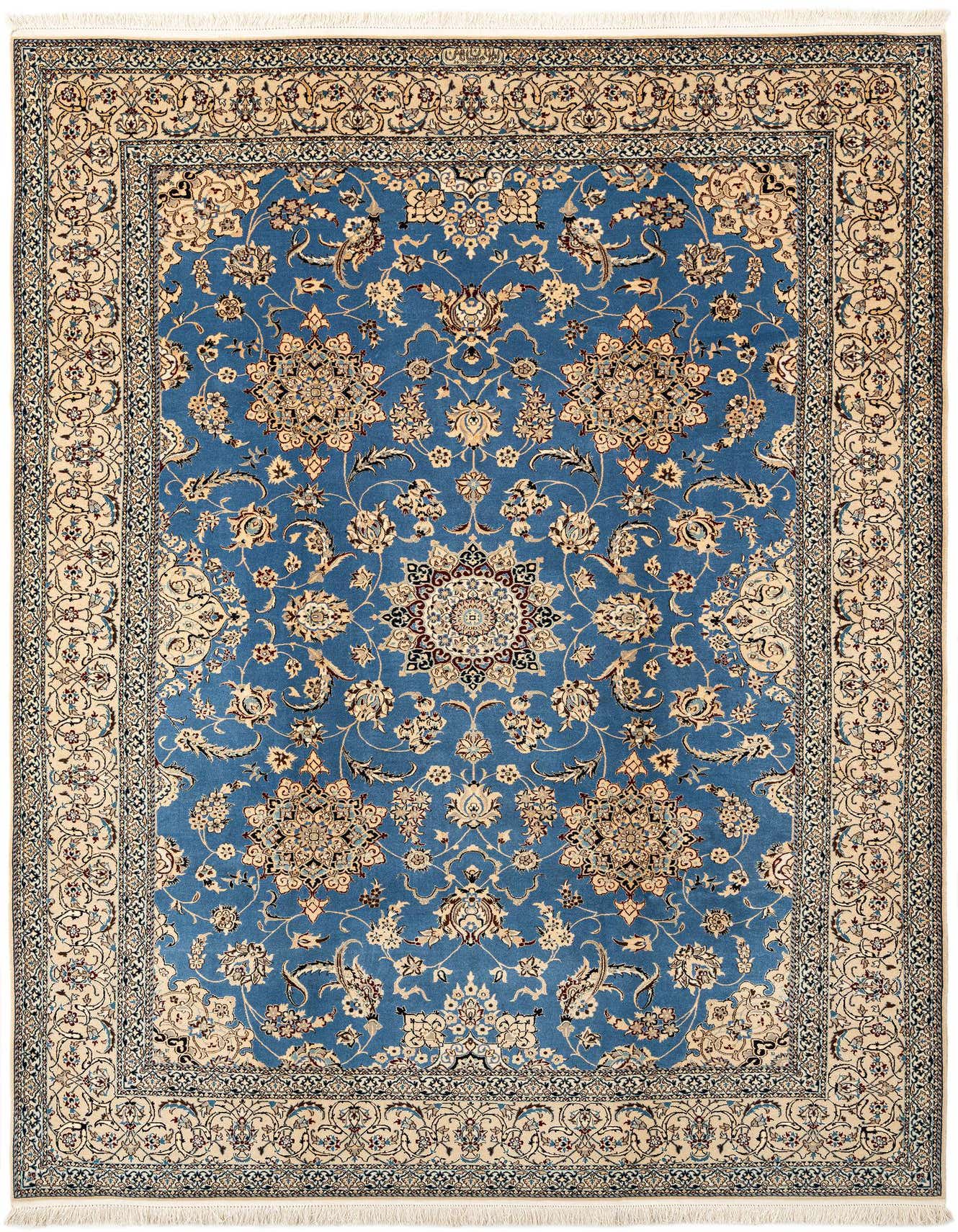 A handmade rectangular Persian rug featuring a rich blue field with intricate floral motifs and a detailed cream border.