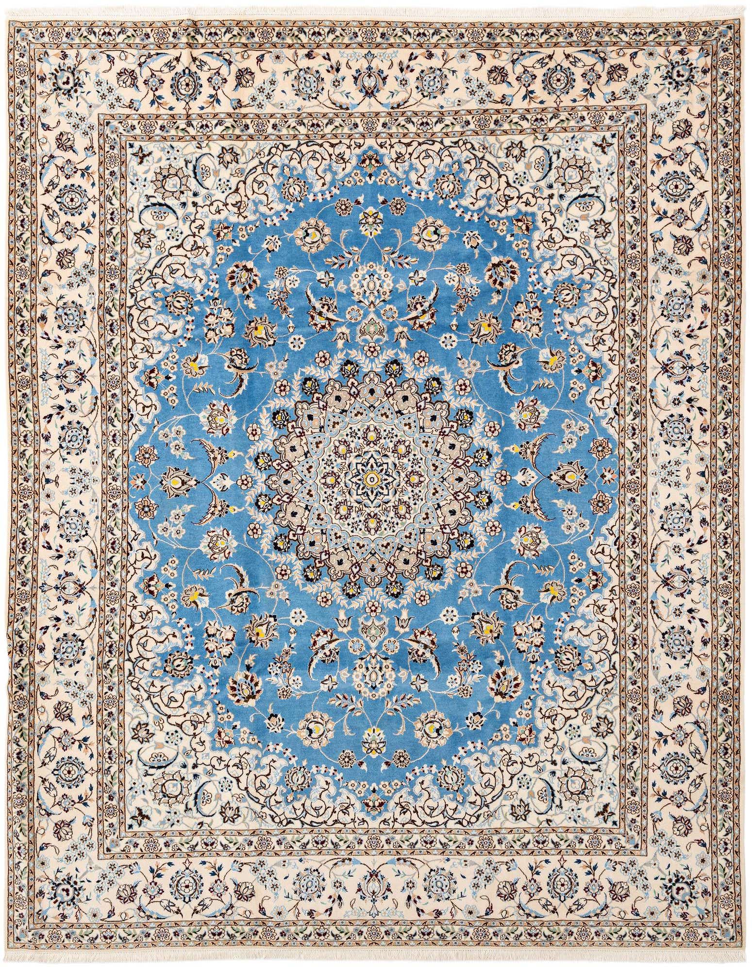 A 6x9 rectangular blue and ivory wool rug with an intricate traditional floral medallion pattern, suitable for a living room.