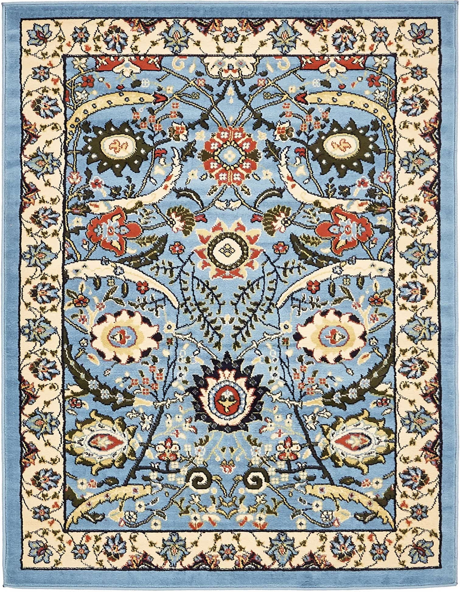 A 4x6 rectangular Neda rug featuring a traditional botanical pattern in various shades of blue with cream, red, and green accents.