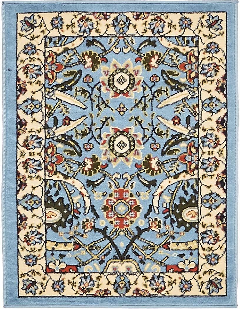 A 2x3 rectangular Neda rug with a traditional floral pattern in shades of blue, cream, and red.