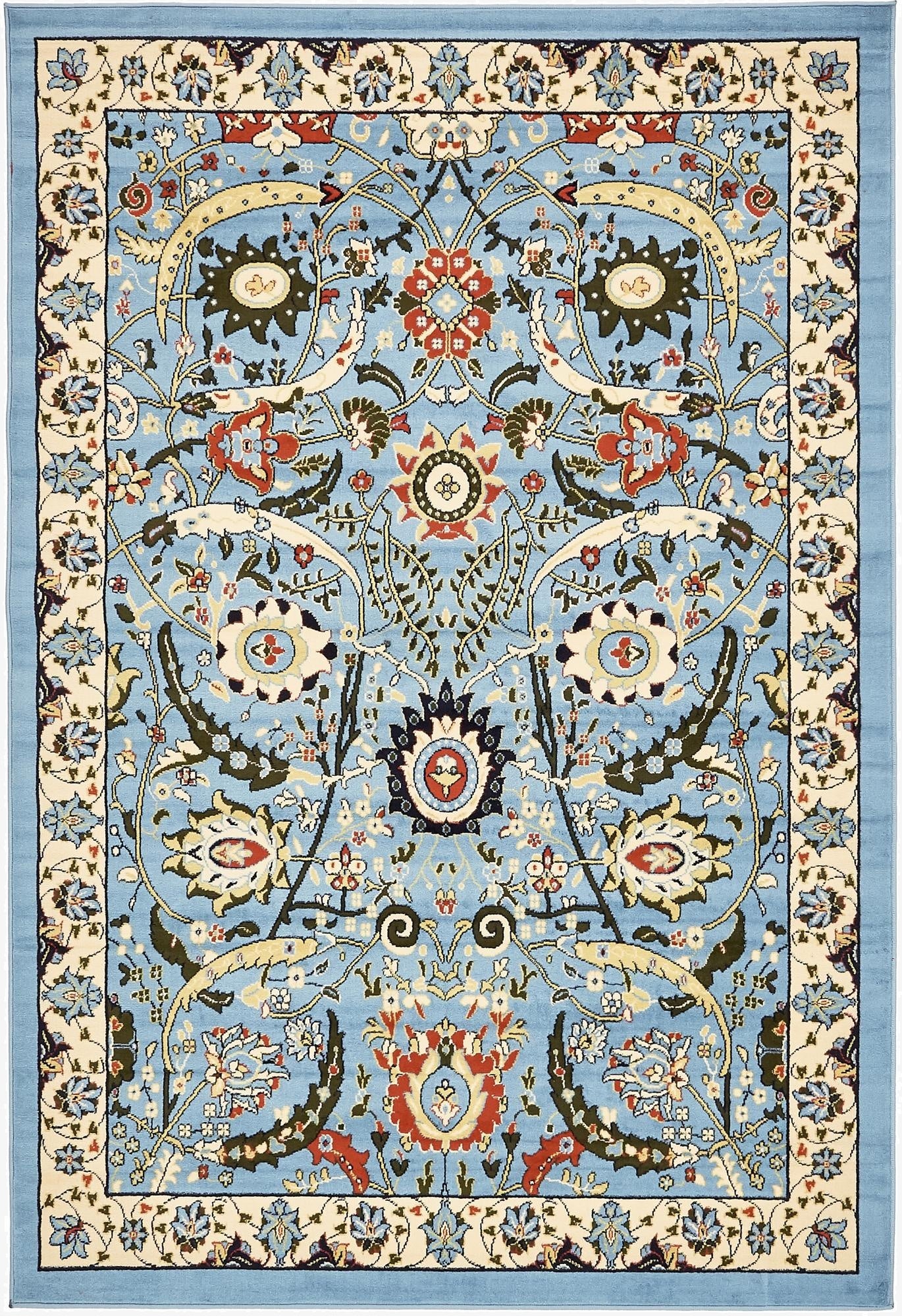 A 6x9 rectangular Neda rug with a light blue field and intricate traditional botanical patterns in red, cream, and green.