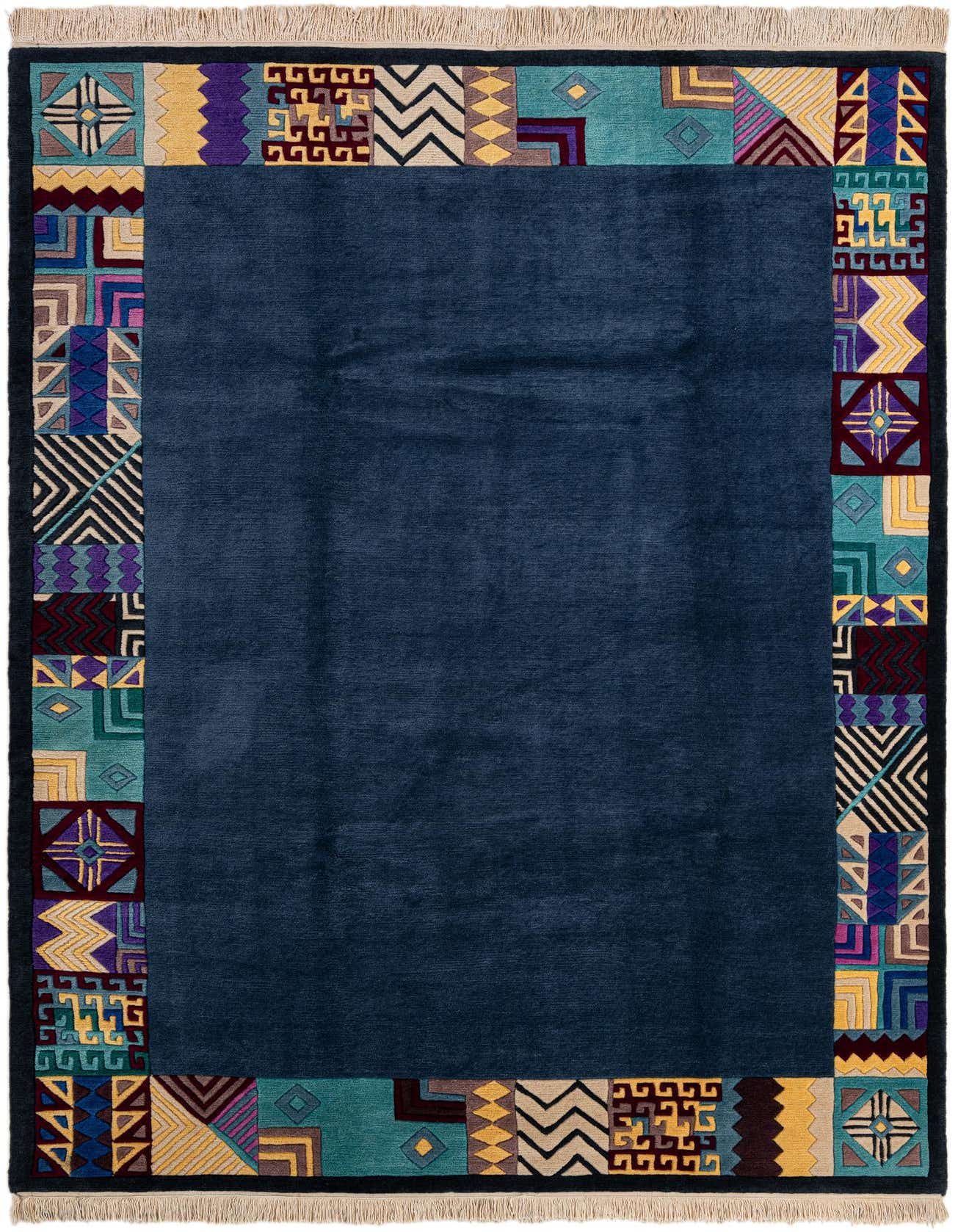 A 6x9 rectangular blue wool rug with a high pile. It features a modern oriental border with geometric patterns in teal, yellow, purple, and black.