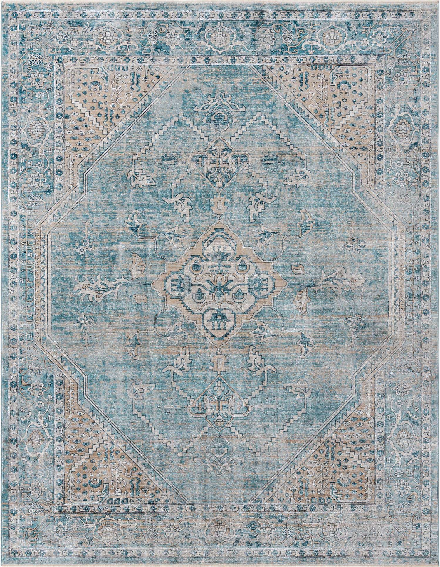 A 9x12 rectangular Newport rug featuring a distressed blue and beige traditional medallion and tribal pattern.