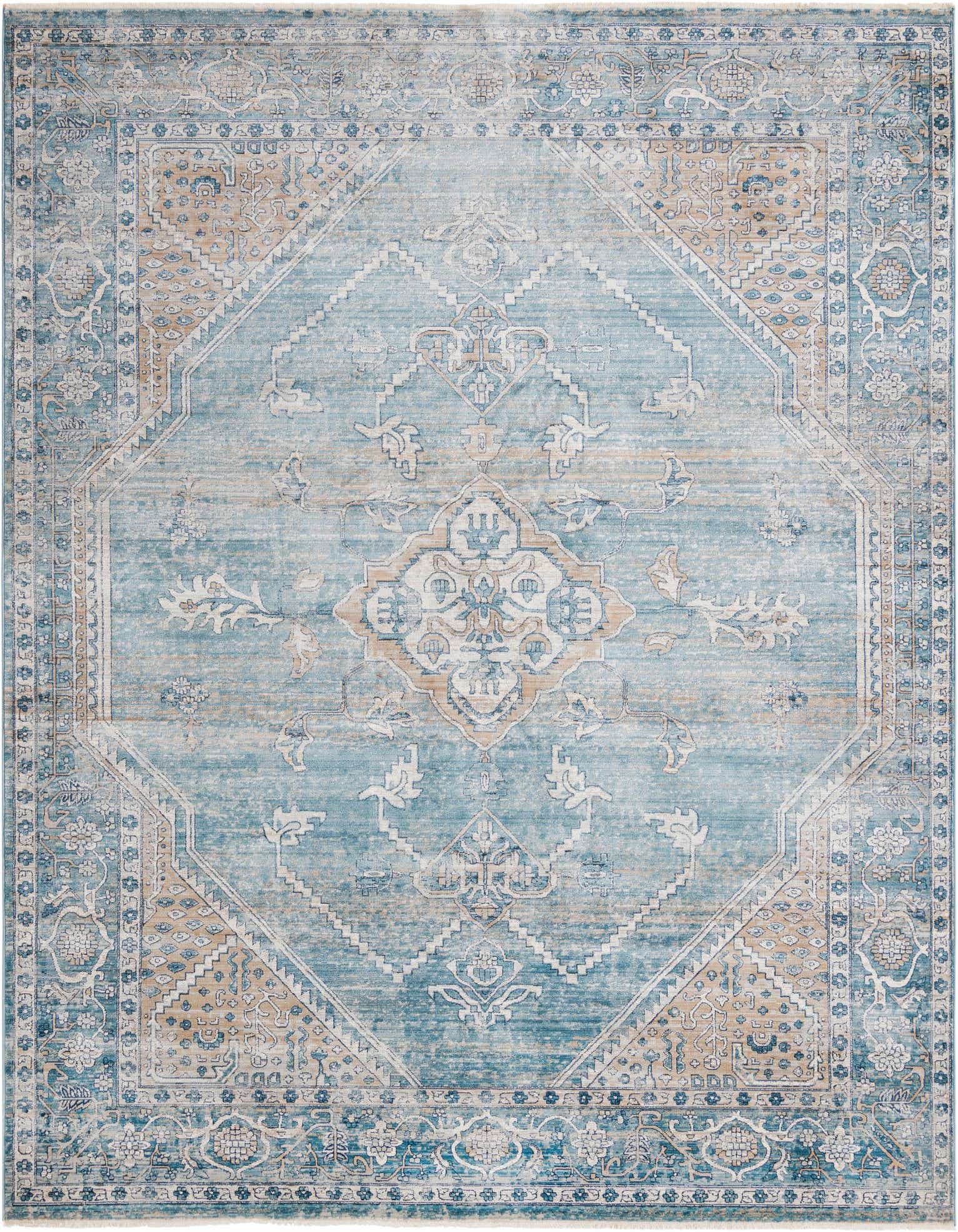 An 8x10 rectangular blue area rug featuring a faded traditional medallion and tribal pattern in shades of blue, cream, and beige.