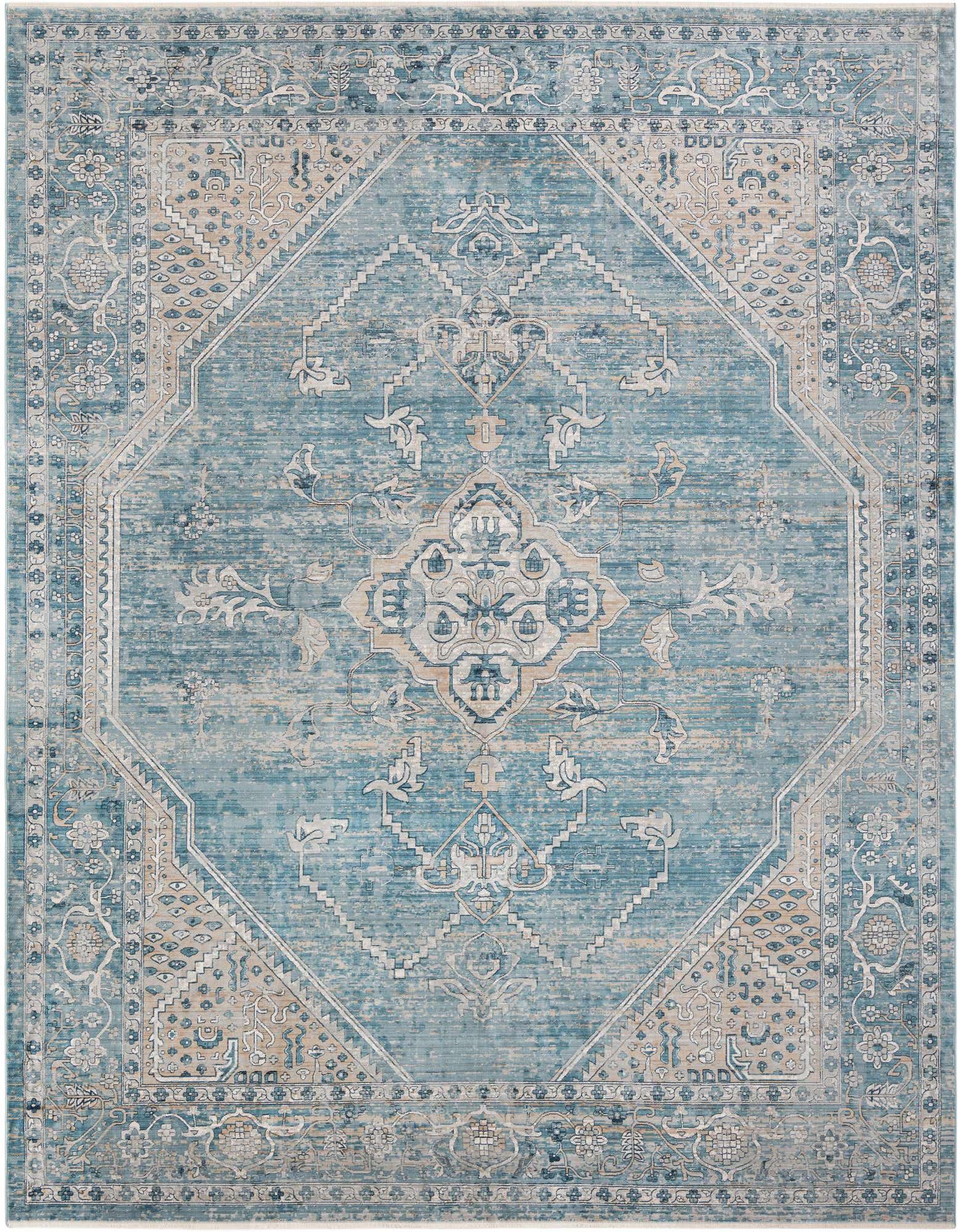 A 10x13 rectangular blue and beige oriental rug with a distressed vintage medallion pattern, suitable for a living room.