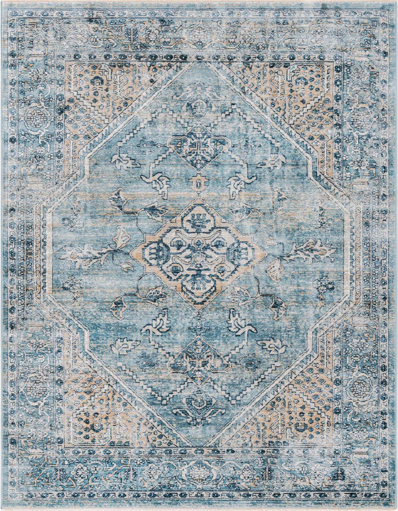 A 3x5 rectangular blue rug with a distressed traditional medallion and tribal pattern, featuring hints of beige.
