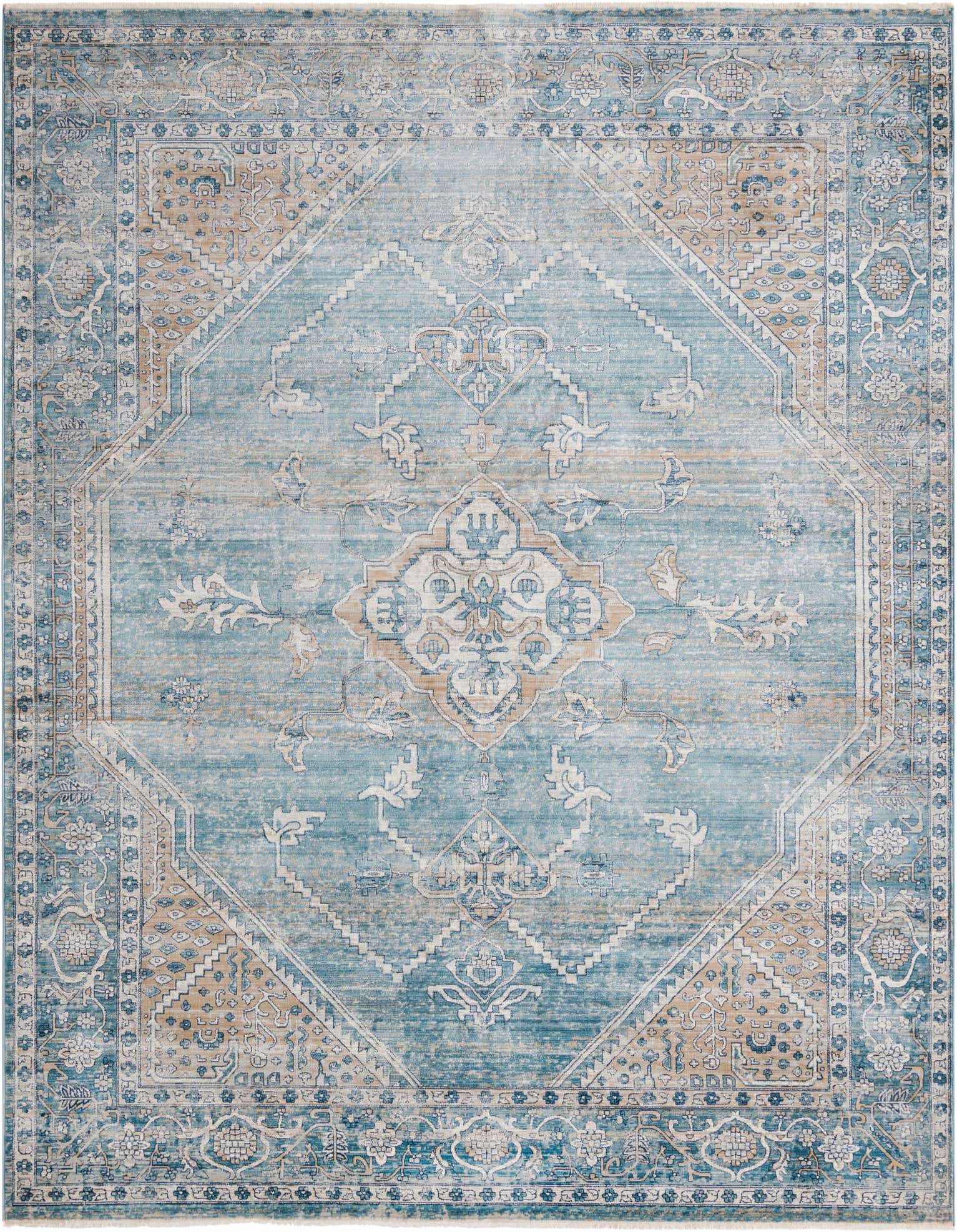 An 8x11 rectangular blue vintage area rug with a faded tribal medallion pattern and tan accents.