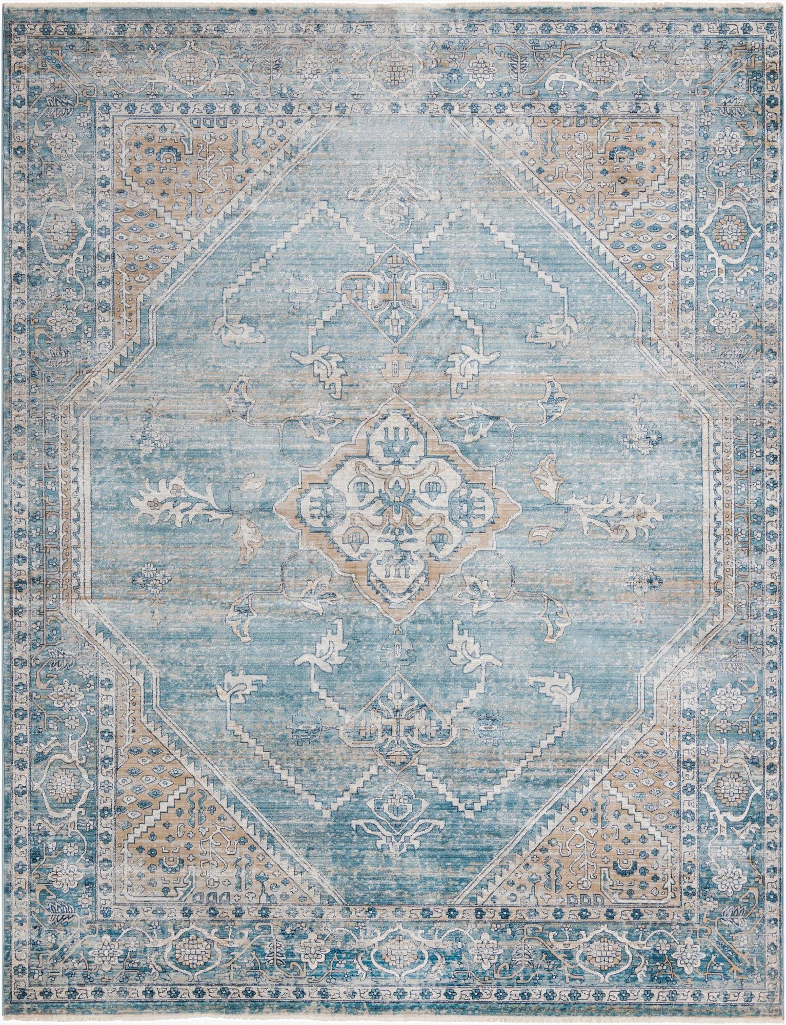 An 8x11 rectangular blue vintage area rug with a faded tribal medallion pattern and tan accents.