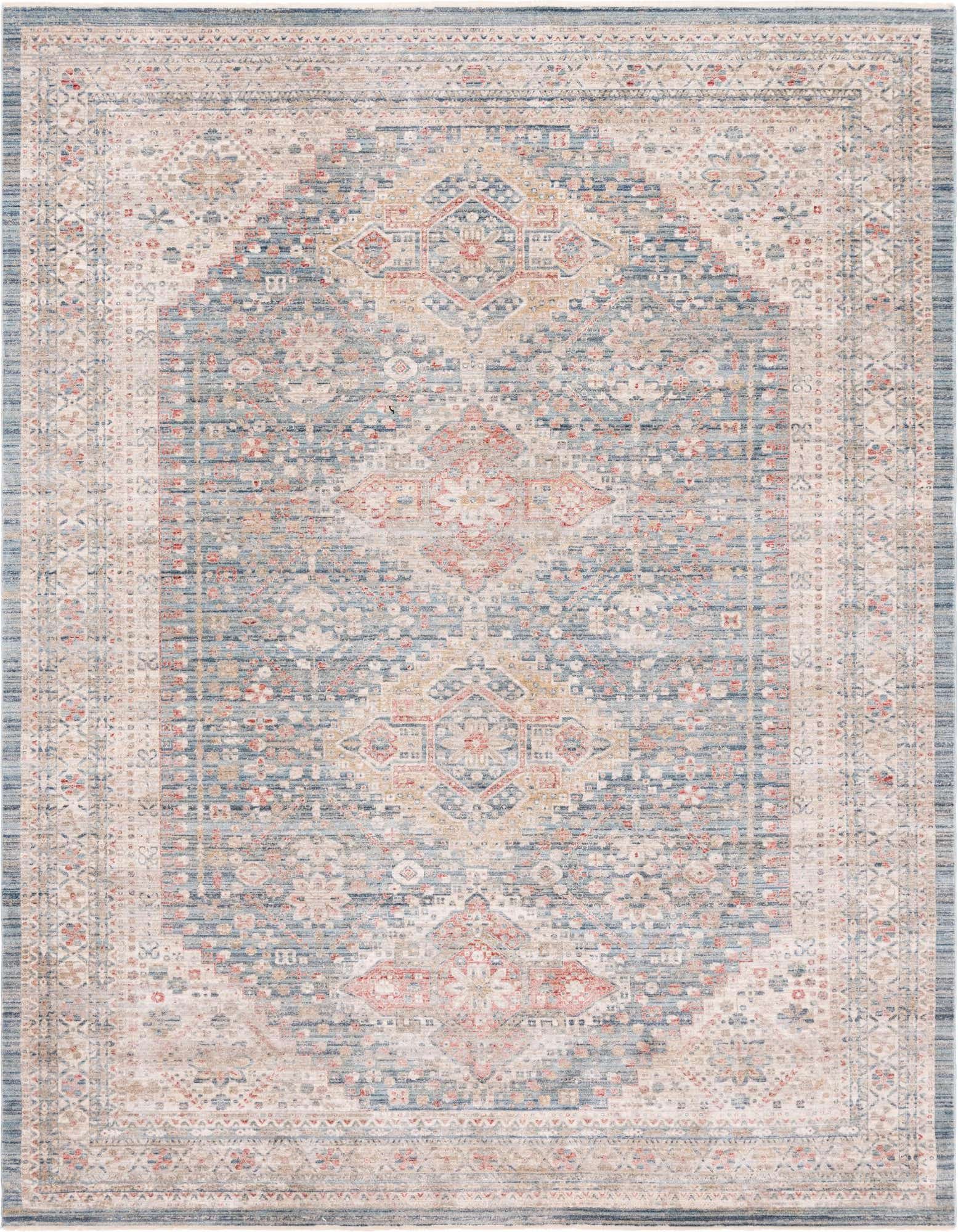 A 10x13 rectangular Noble collection rug featuring a distressed blue, cream, and red traditional medallion pattern.