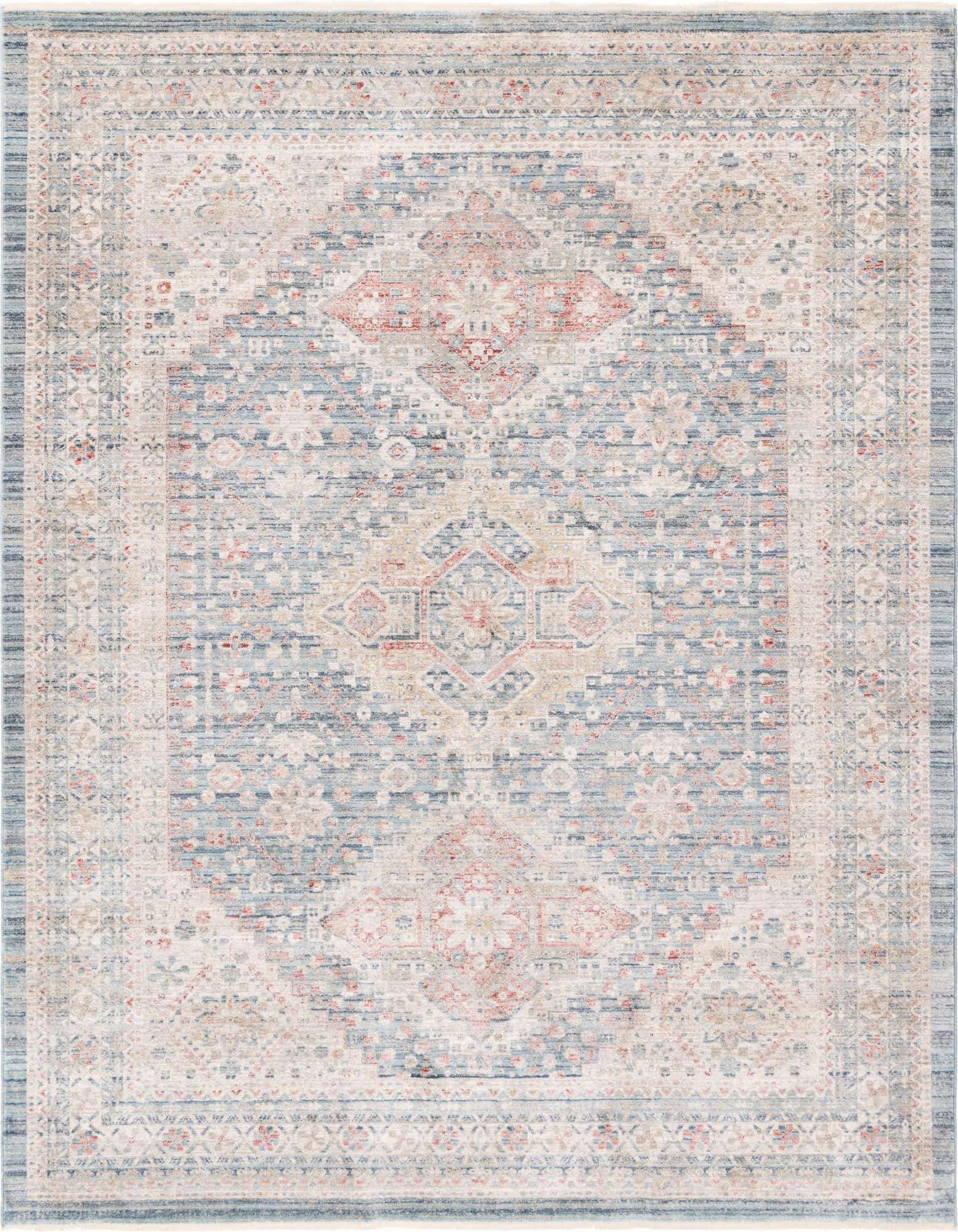 An 8x10 rectangular Noble Collection rug featuring a faded blue and beige traditional medallion pattern with hints of red.