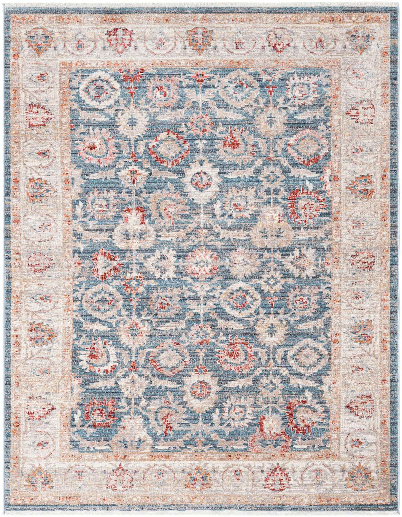 A 5x8 rectangular Noble Collection rug featuring a distressed blue field with traditional floral and botanical patterns in cream, red, and beige, framed by a wide border.