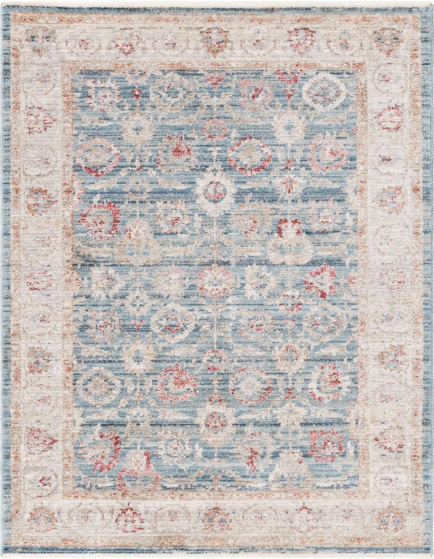 A 4x6 rectangular blue rug with a distressed traditional floral pattern and a light border, suitable for a living room.