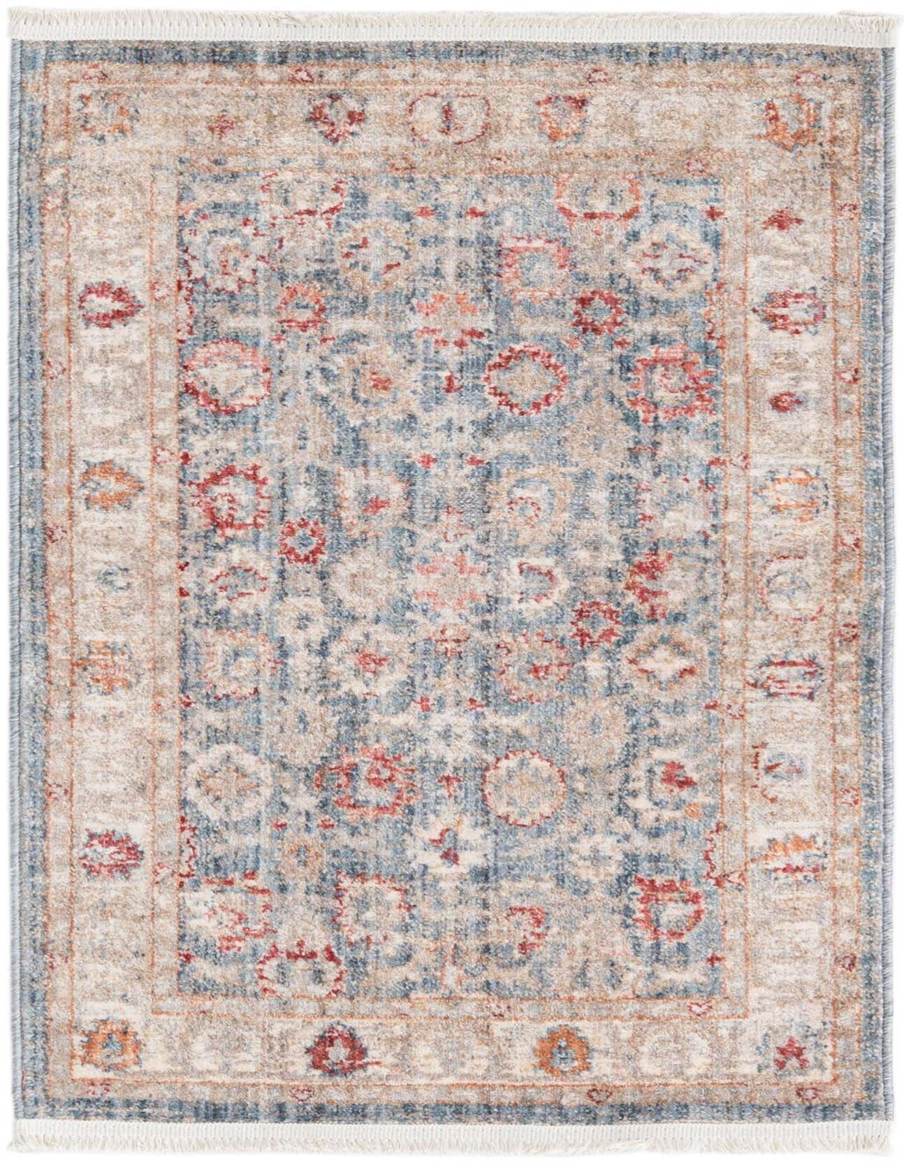 A 2x3 rectangular rug with a distressed traditional pattern in shades of blue, beige, and red, featuring a border design and fringe.