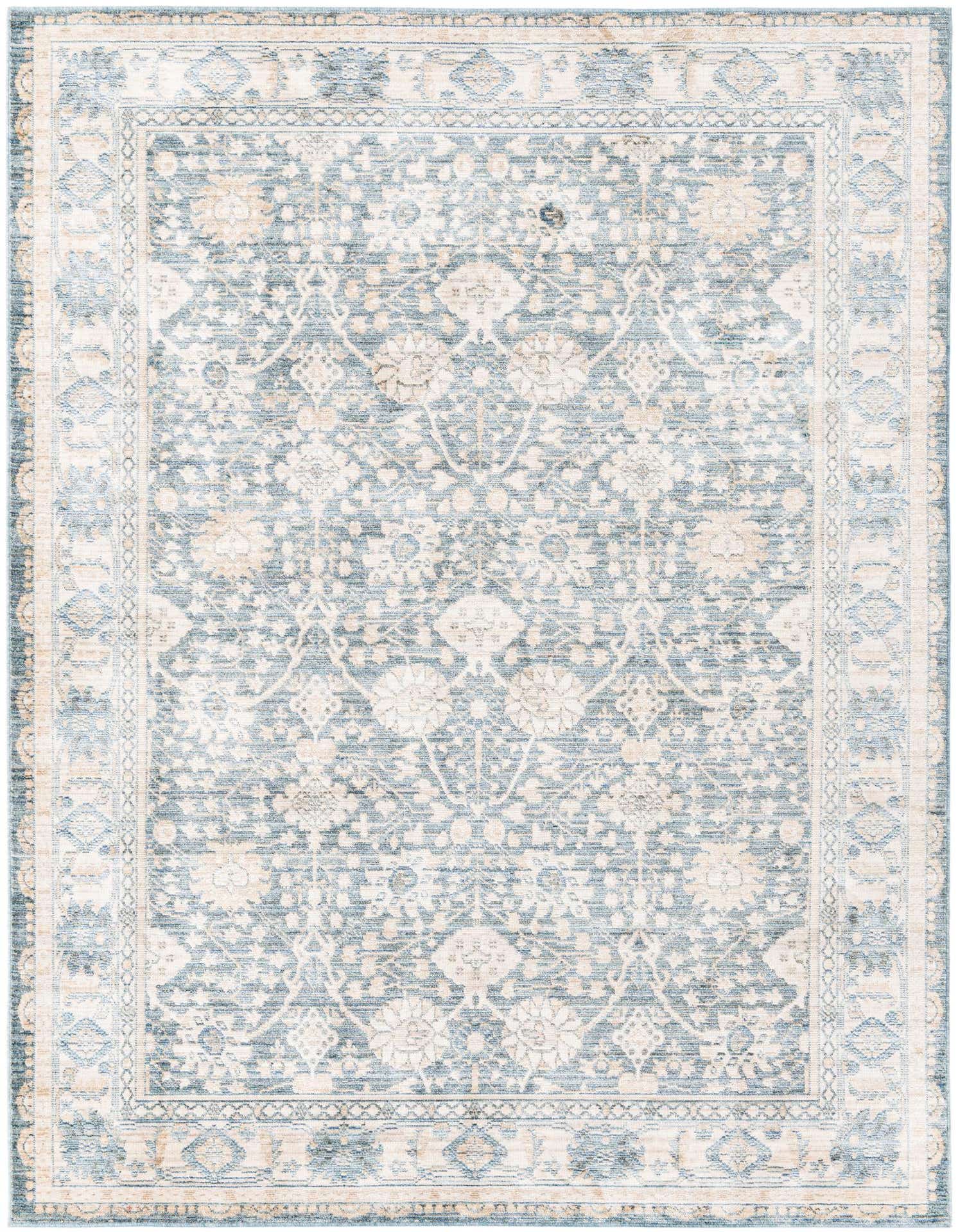 A 5x8 rectangular indoor rug with a distressed traditional pattern in shades of blue and cream, featuring a detailed border.