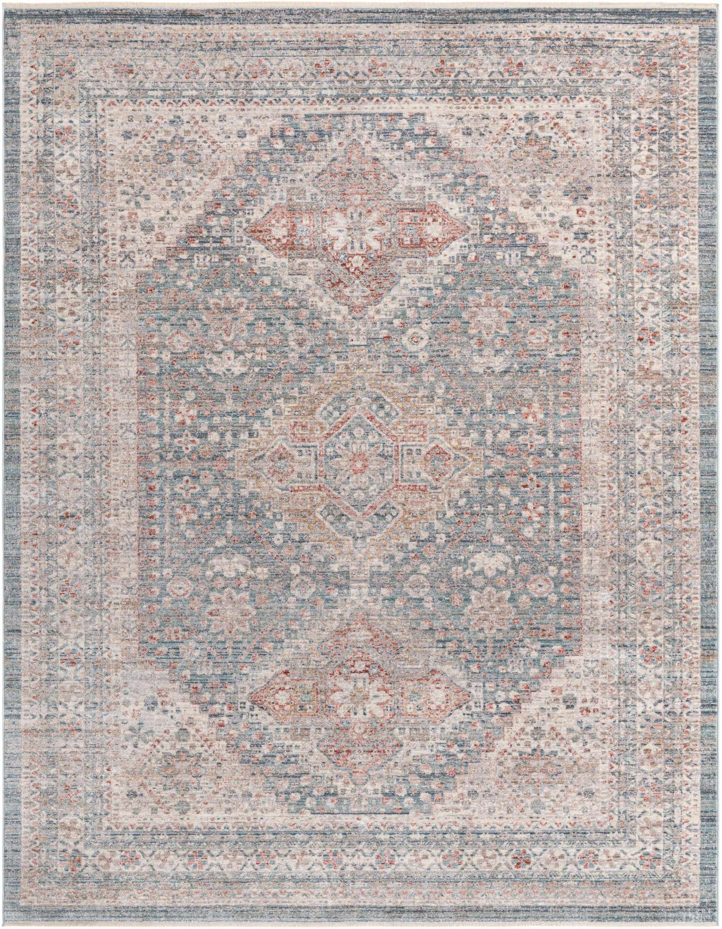 A 7x10 rectangular Noble collection rug featuring a faded blue, cream, and rust transitional medallion pattern.