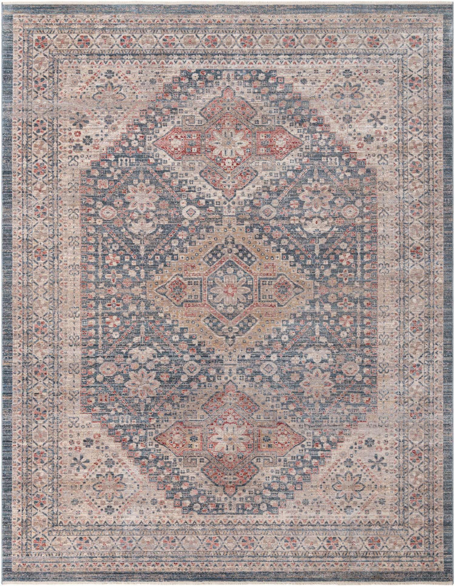 A 9x12 rectangular Noble collection rug featuring a distressed blue, beige, and red medallion and oriental pattern.