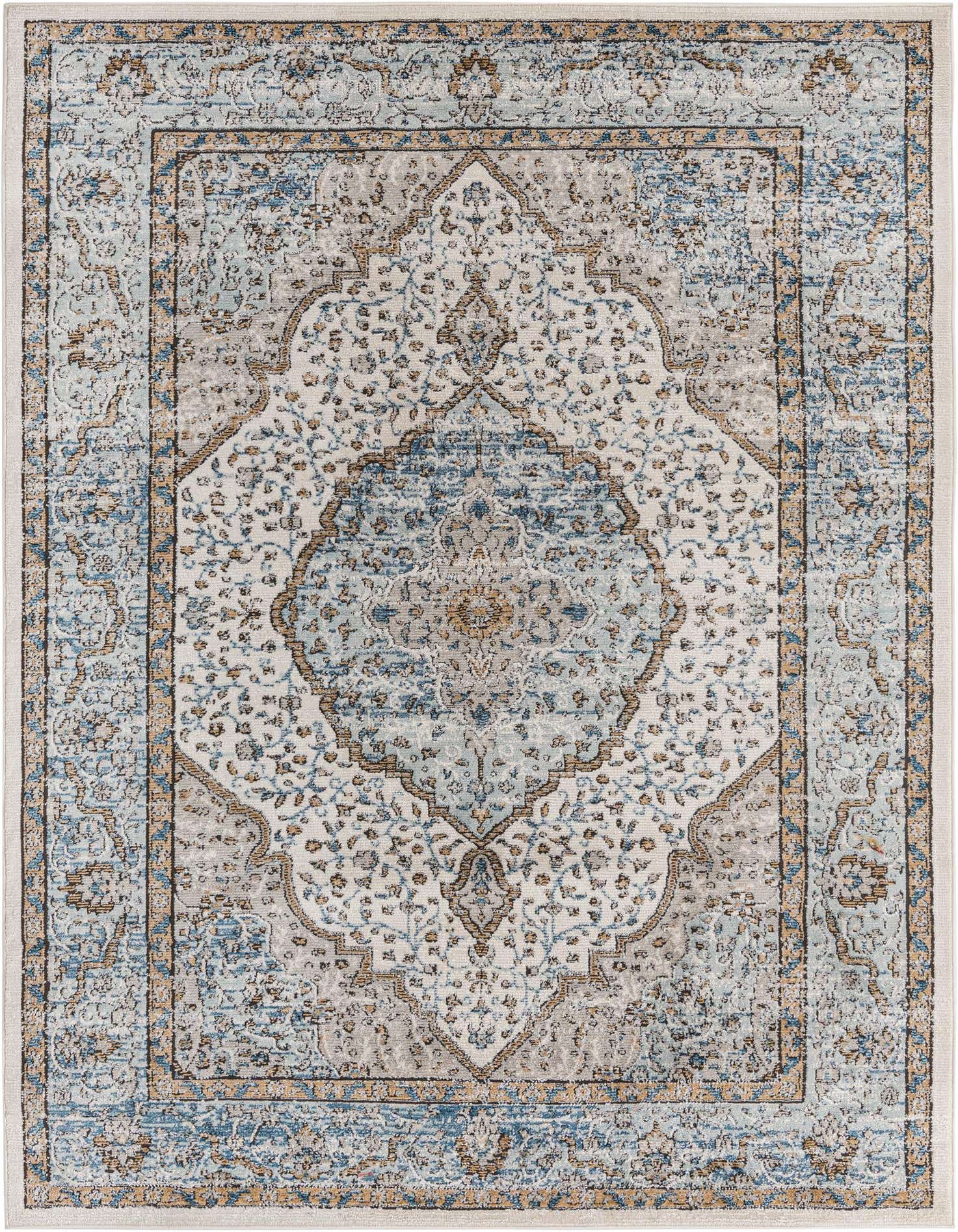A 6x9 rectangular Nyla collection rug featuring a distressed traditional medallion pattern in shades of blue, cream, and beige.
