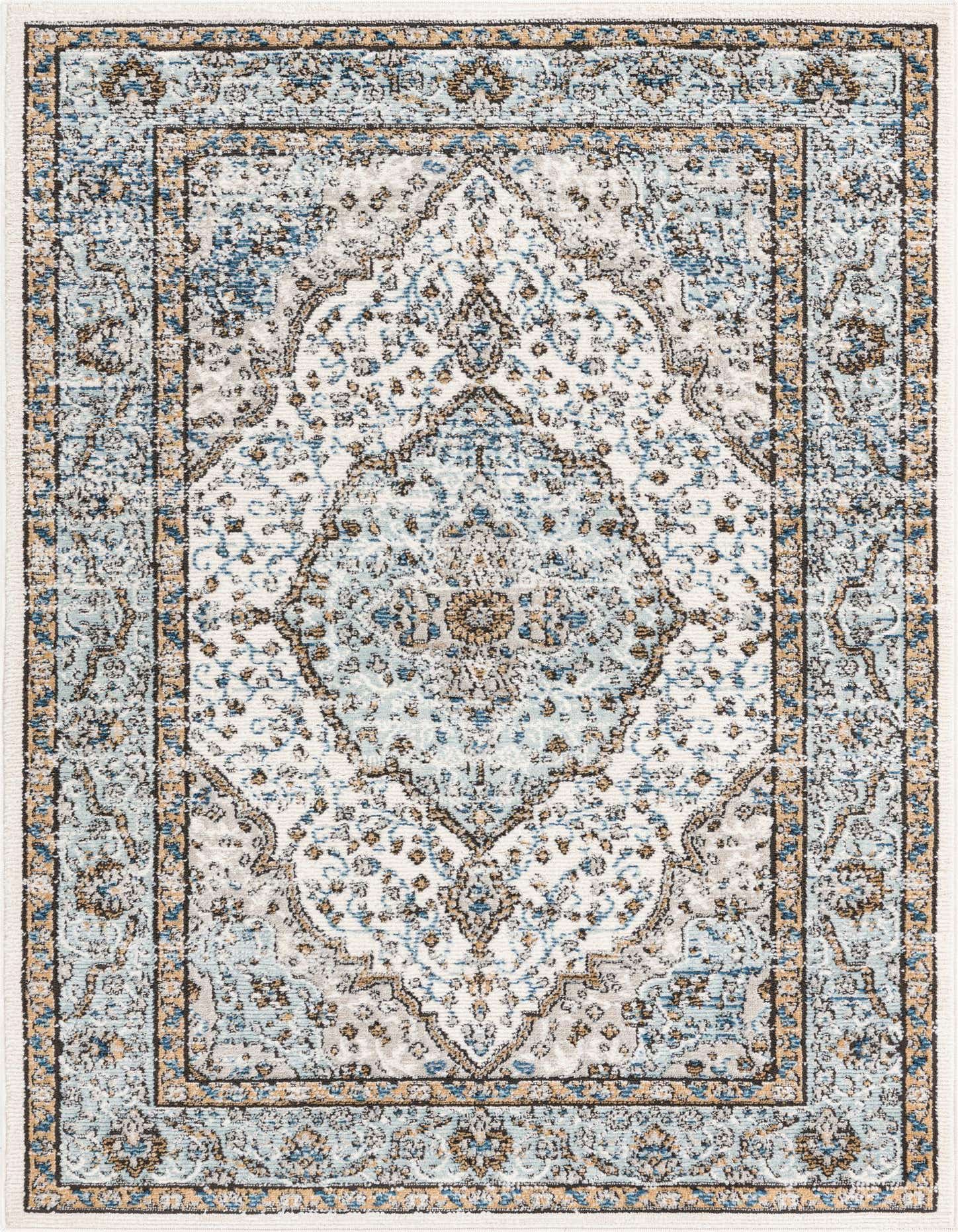 A 4x6 rectangular Nyla Collection rug featuring a distressed blue and cream traditional medallion pattern with gold accents, ideal for a living room.