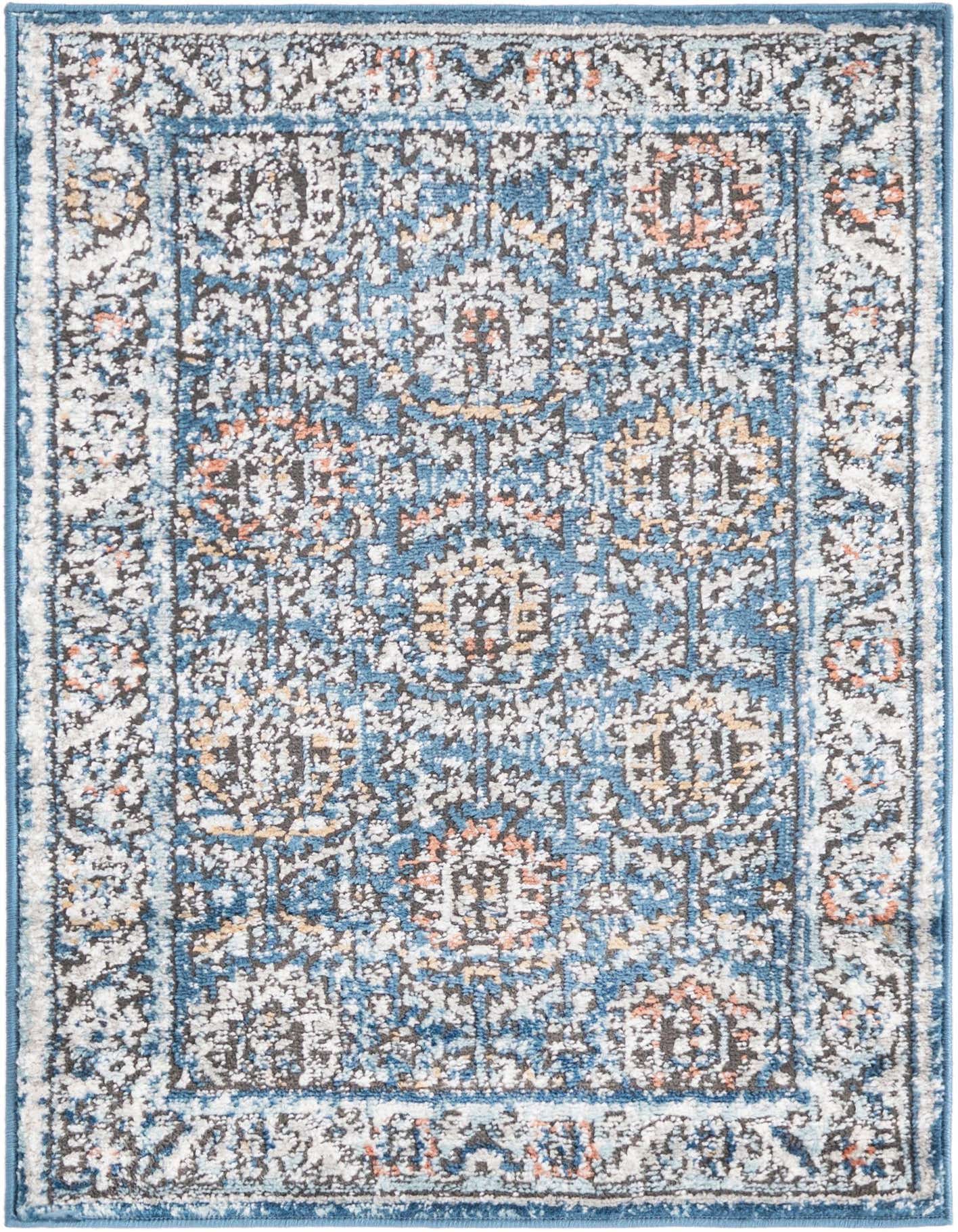 A 2x3 rectangular Nyla rug by Rugs.com featuring a distressed blue, white, and orange traditional medallion pattern.