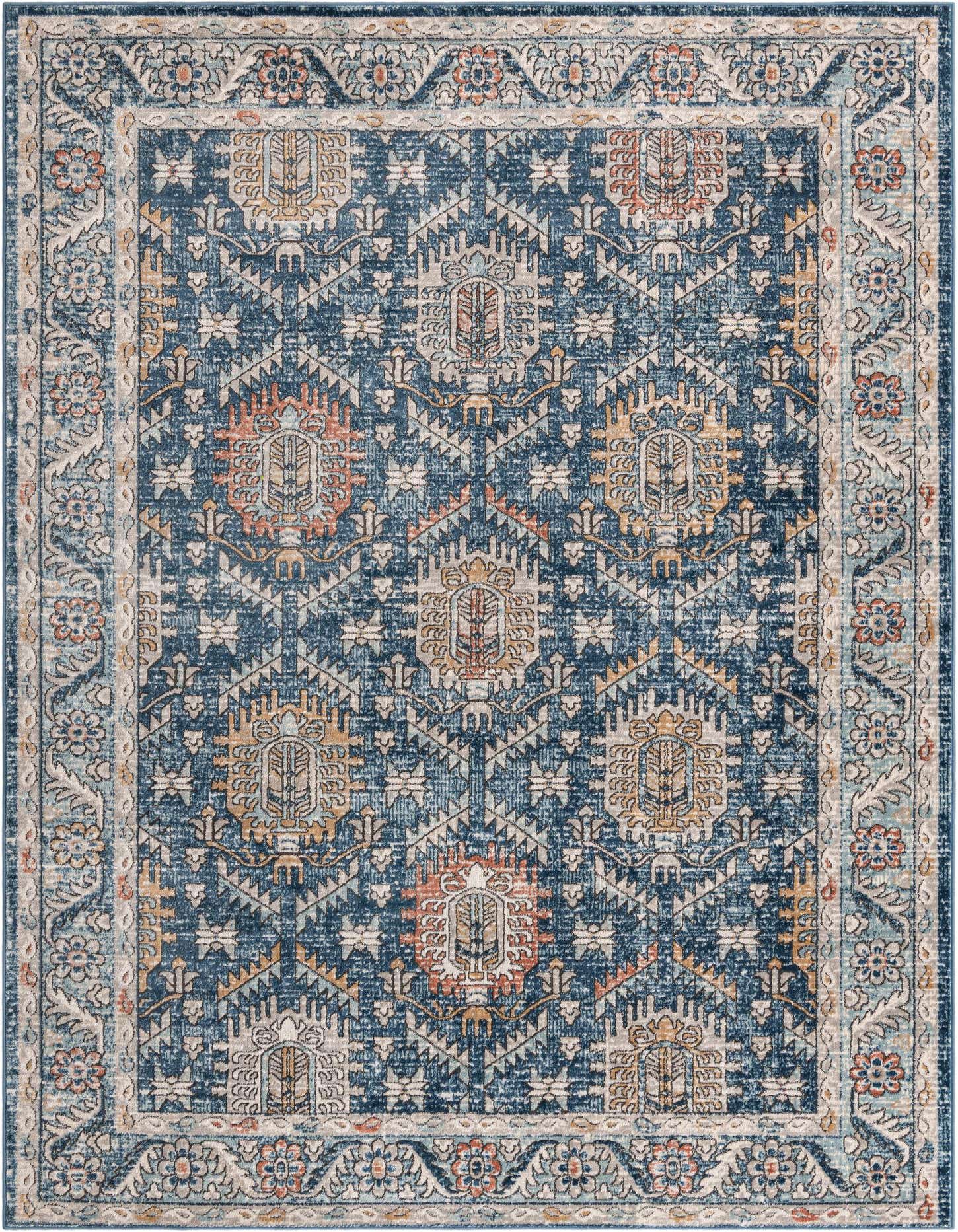 A rectangular 8x11 blue area rug with a distressed traditional Oriental medallion pattern and a decorative border.