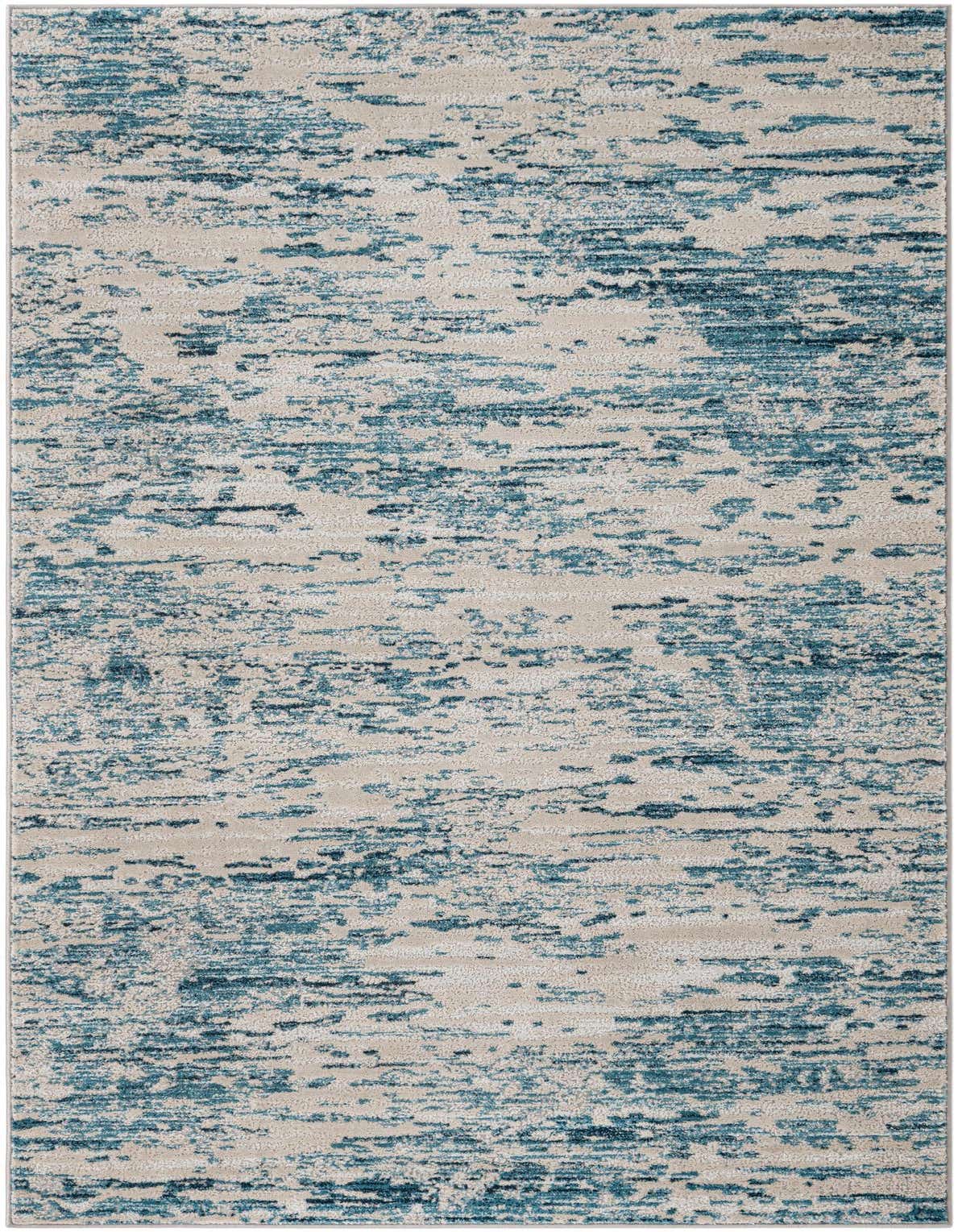 A 5x8 rectangular area rug featuring an abstract, textured pattern in various shades of blue and beige.