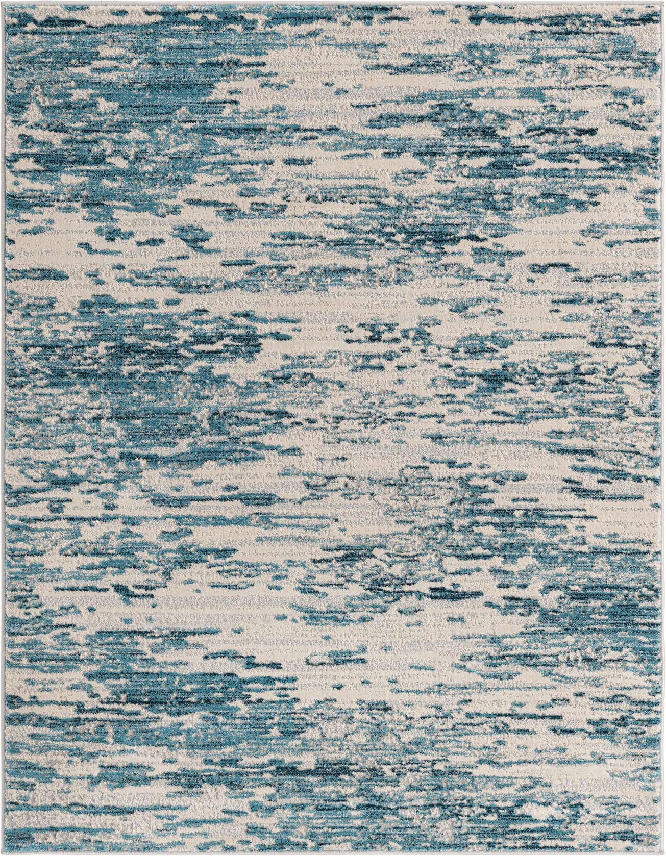 A 4x6 rectangular blue and off-white abstract rug with a textured, modern coastal pattern, ideal for a living room.