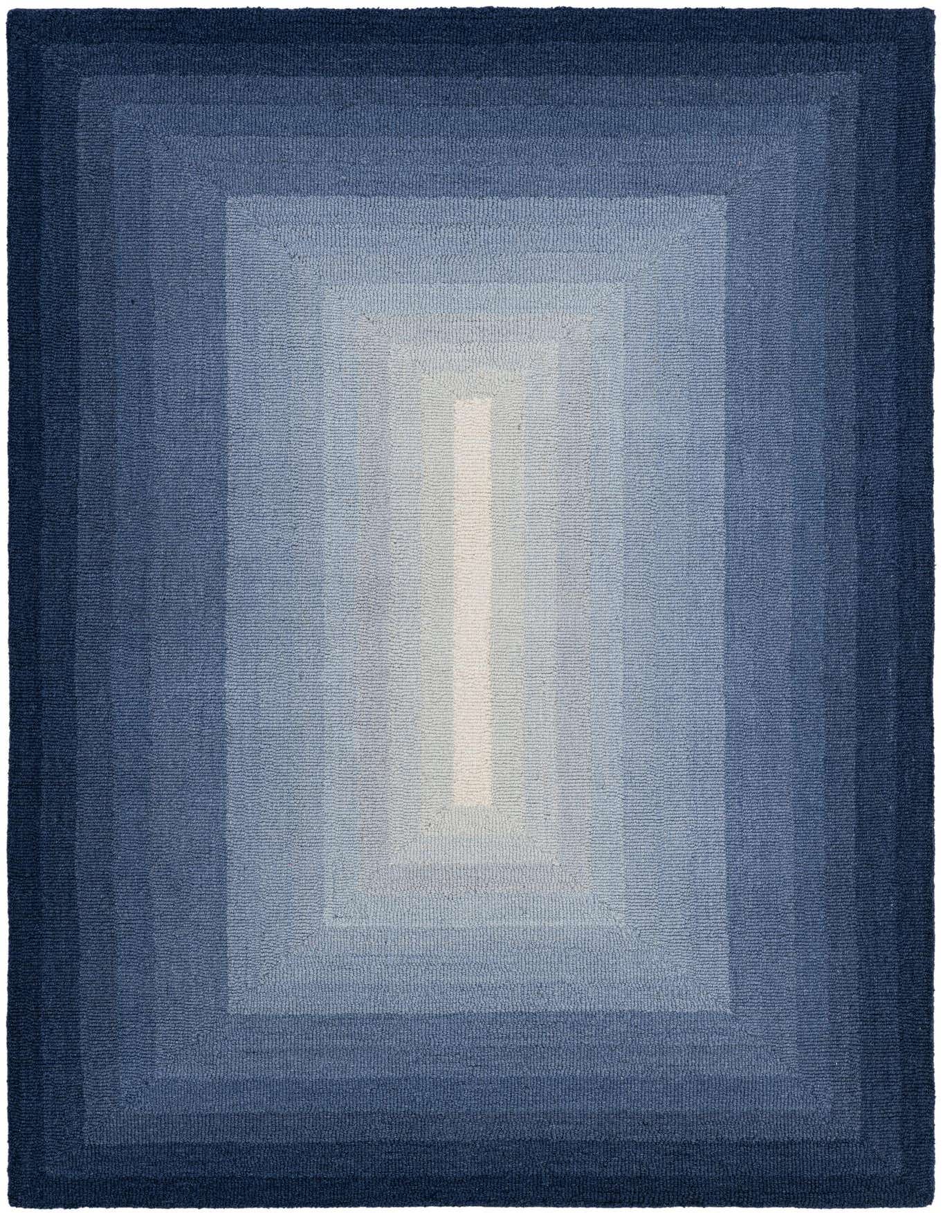 A 4x6 rectangular blue modern wool rug with an ombre design, transitioning from dark blue edges to a light blue center.