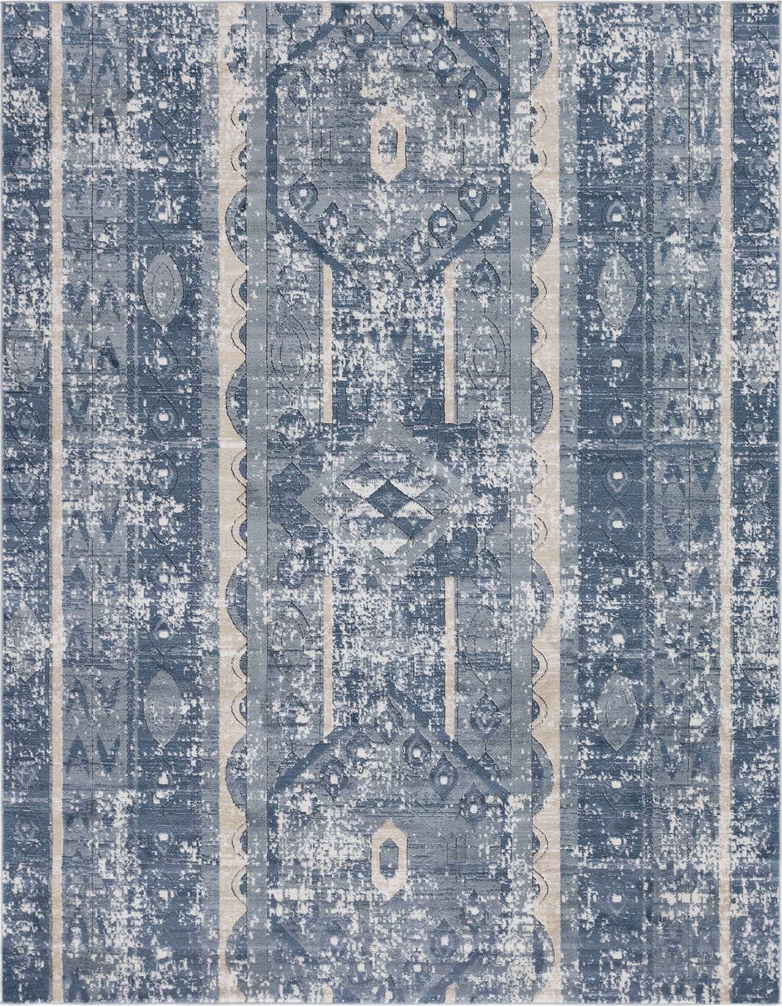 An 8x10 rectangular blue area rug with a distressed bohemian and tribal pattern, featuring light beige vertical stripes and a textured pile.