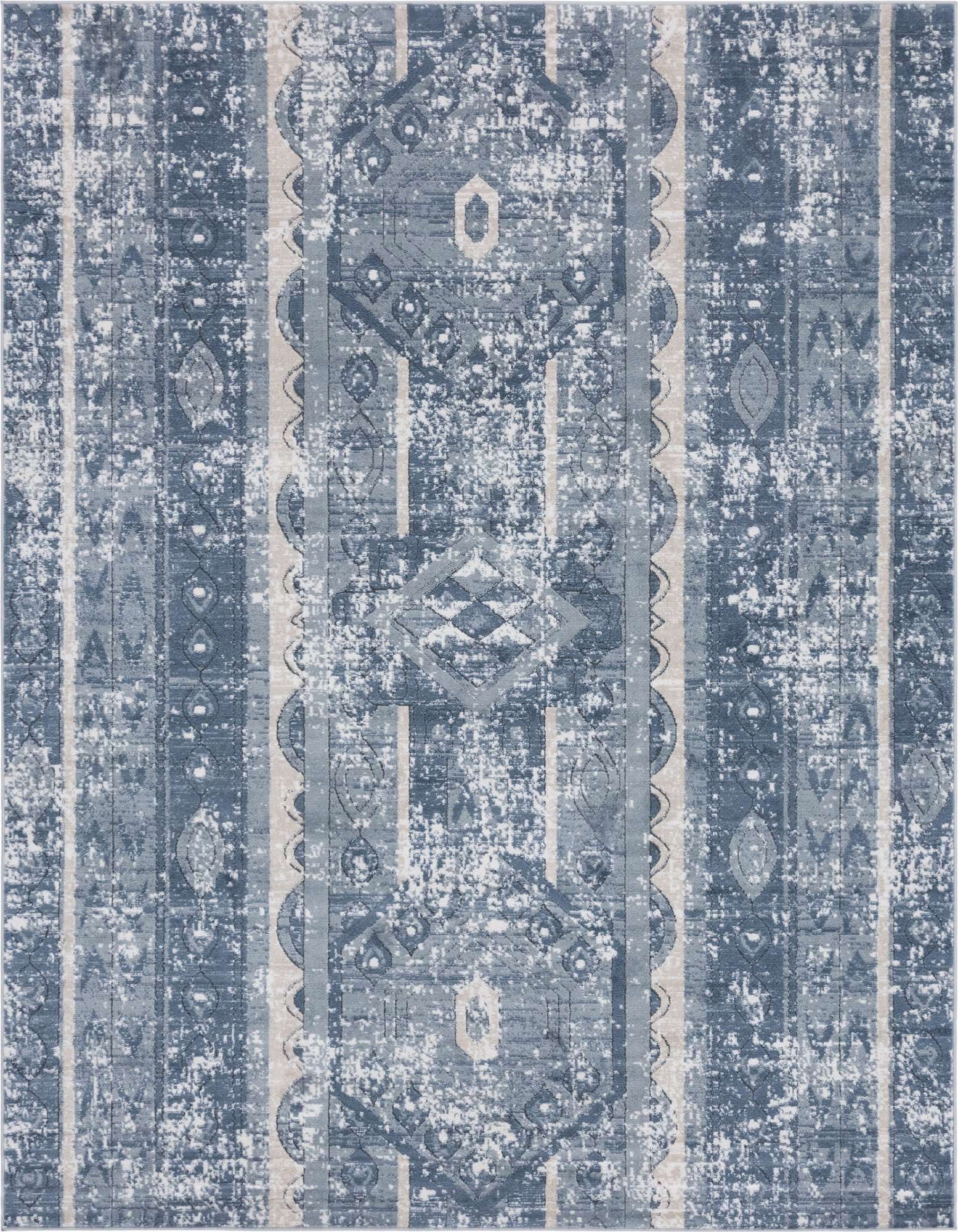A 7x10 rectangular blue area rug with a distressed bohemian and tribal stripe pattern, featuring shades of blue and cream.