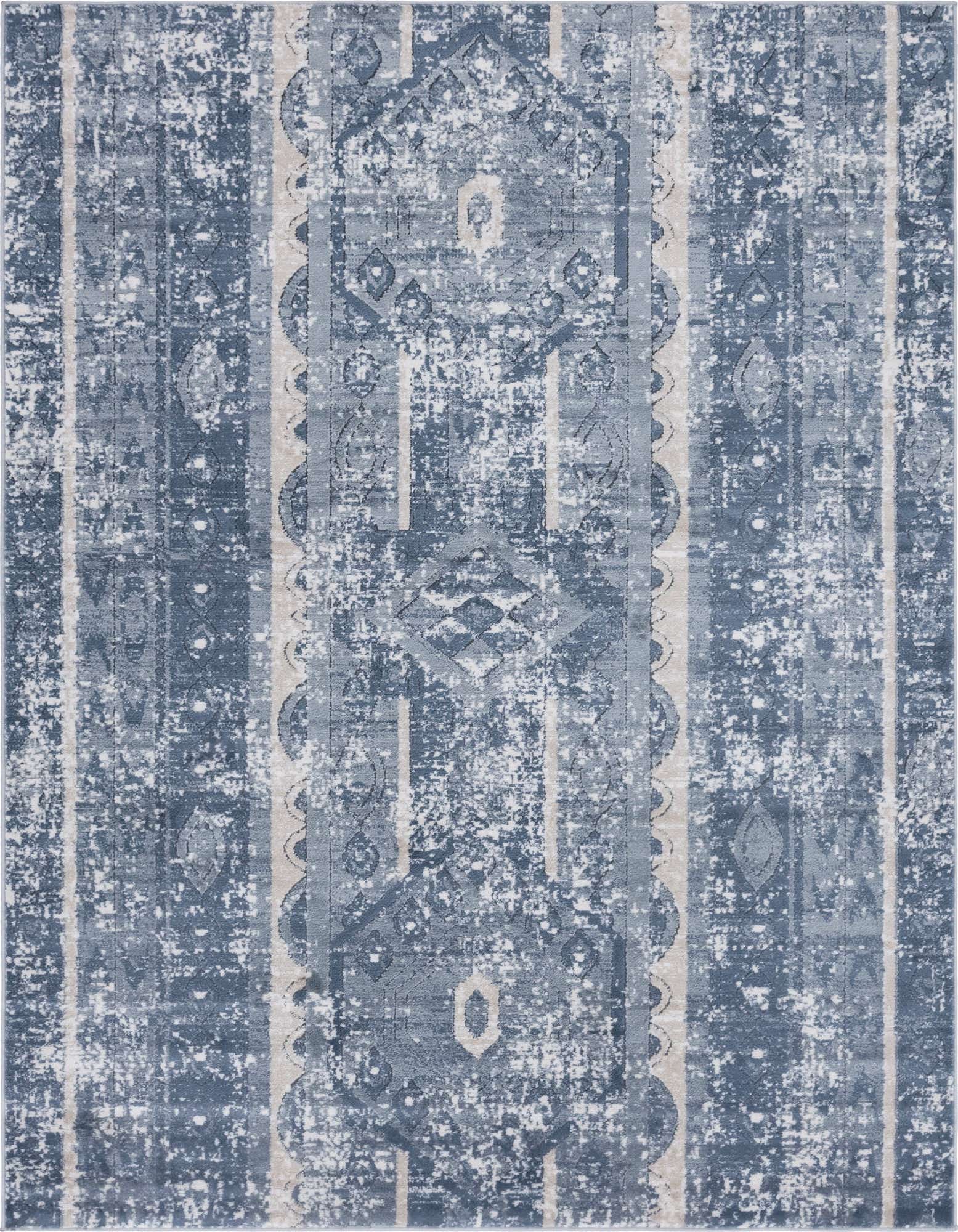 A 6x9 rectangular blue area rug with a distressed bohemian stripe pattern and vintage tribal motifs, featuring a textured pile.