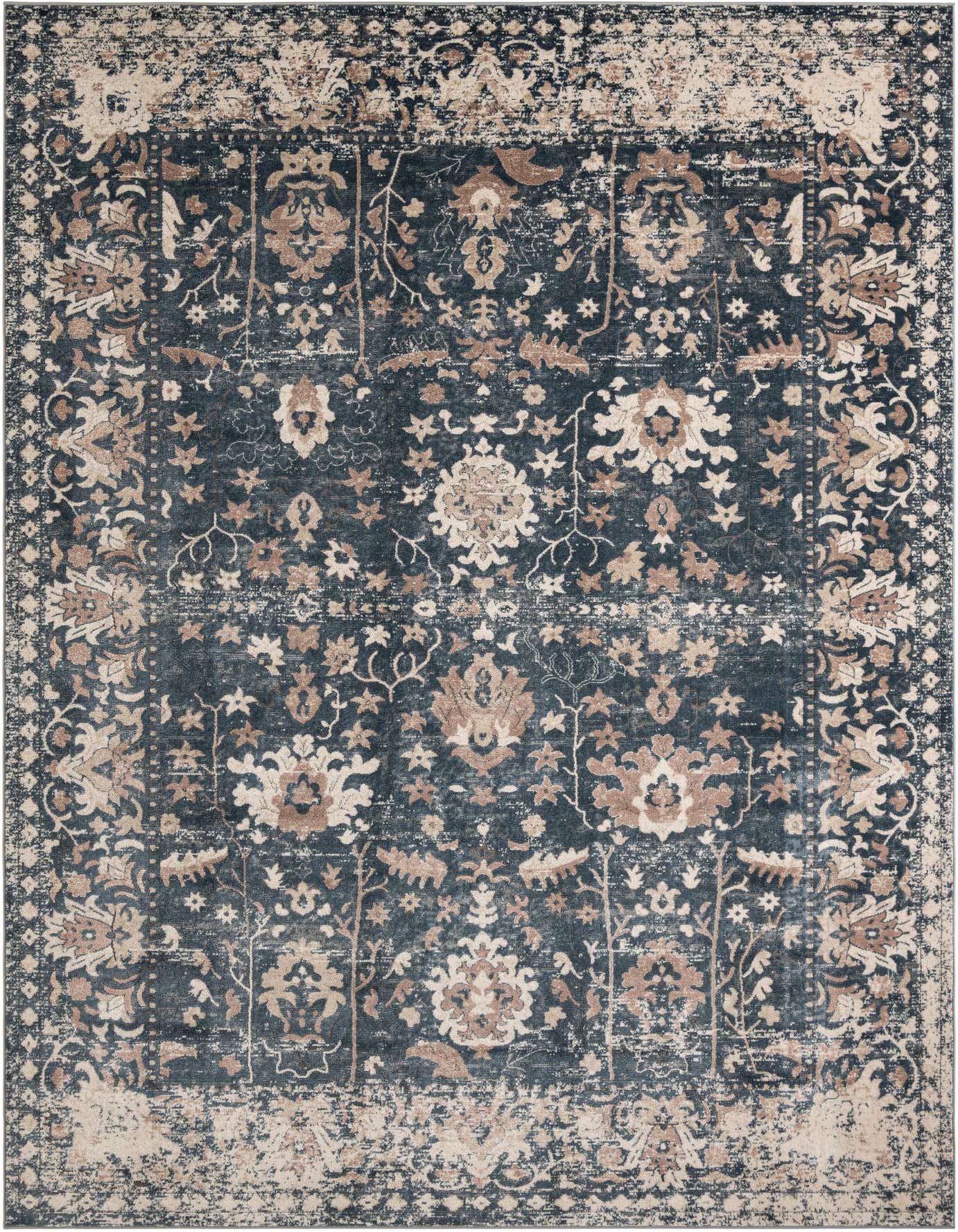A 10x14 rectangular blue shabby-chic rug with a distressed traditional floral pattern in beige and brown tones.