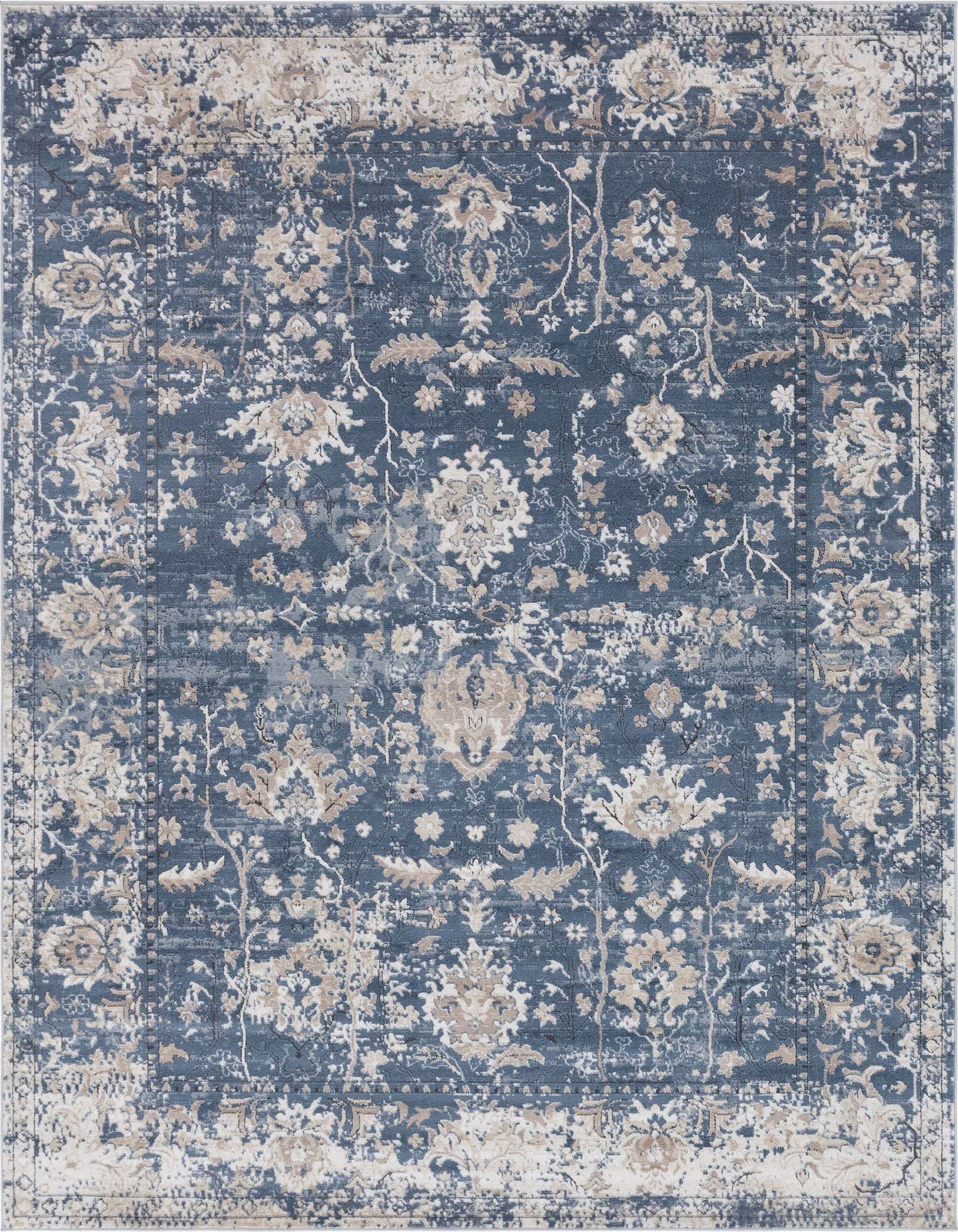 An 8x11 rectangular blue area rug with a distressed traditional floral pattern in cream and beige, suitable for a living room.