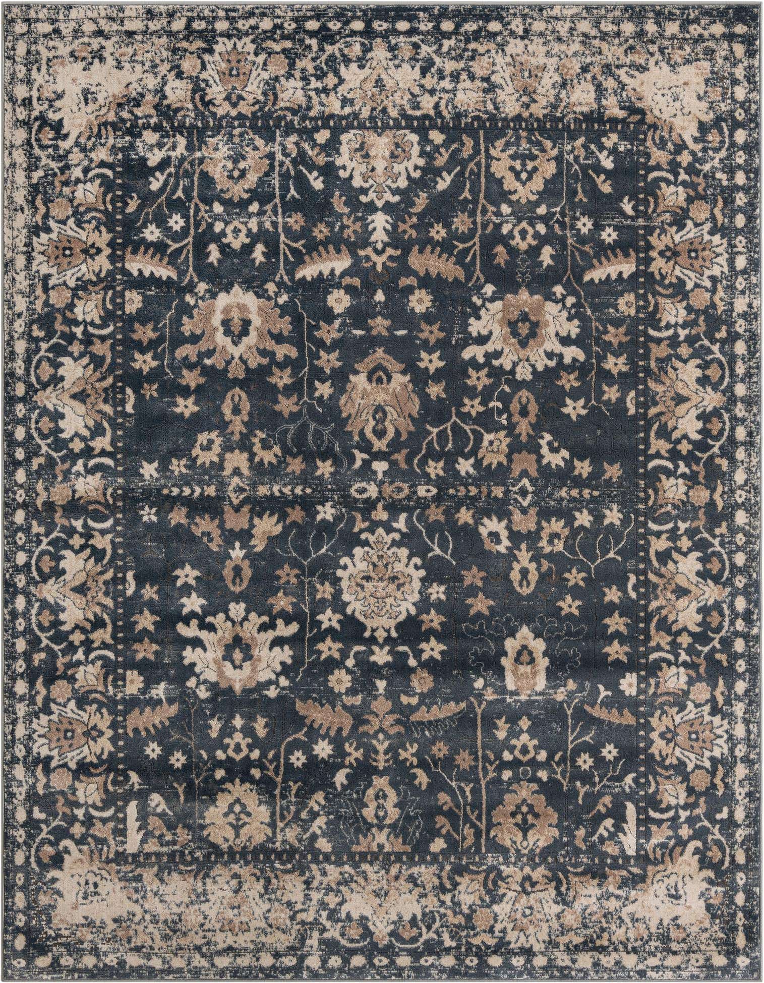 An 8x10 rectangular blue and beige shabby-chic rug with a distressed traditional floral pattern, perfect for a living room.