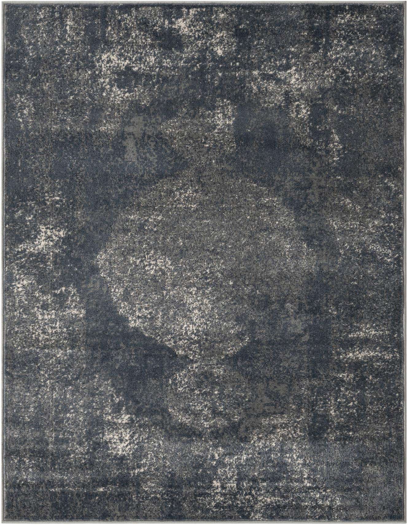 A 4x6 rectangular blue shabby-chic rug with a distressed medallion pattern, ideal for a living room or office.
