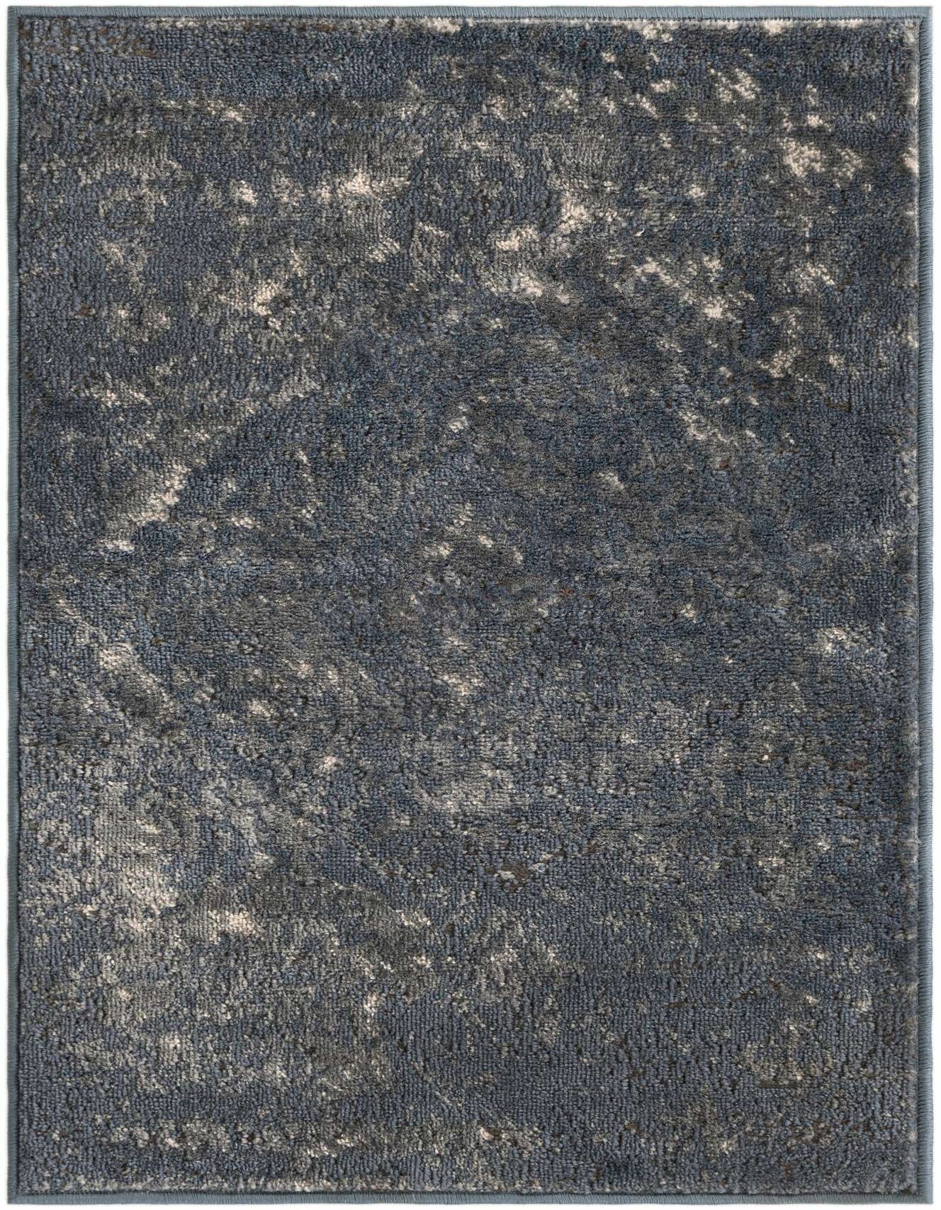 A 2x3 rectangular blue shabby-chic rug with a textured, high pile and subtle lighter distressed patterns, suitable for indoor use.