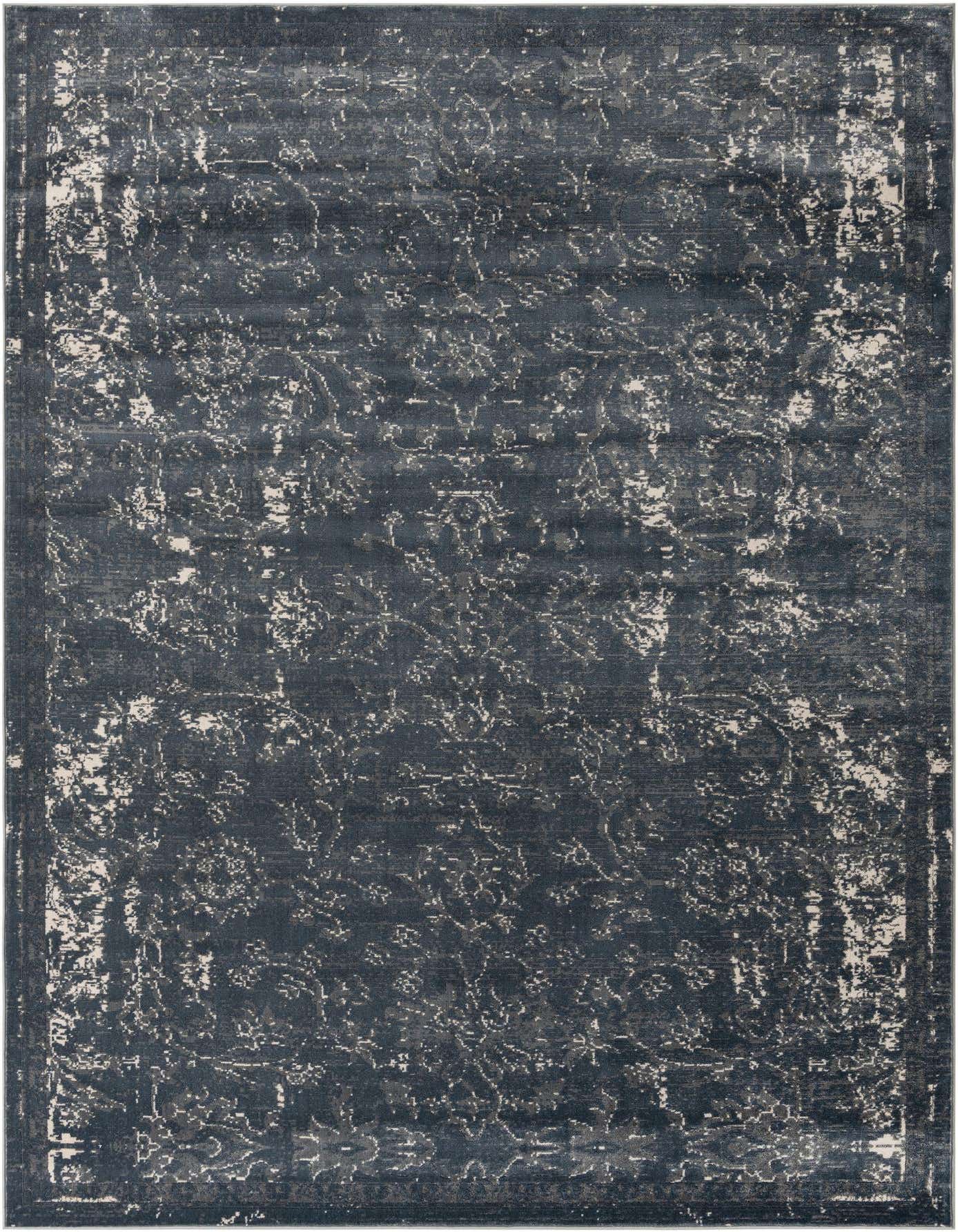 A 10x14 rectangular blue shabby-chic area rug with a distressed traditional botanical pattern and textured pile.