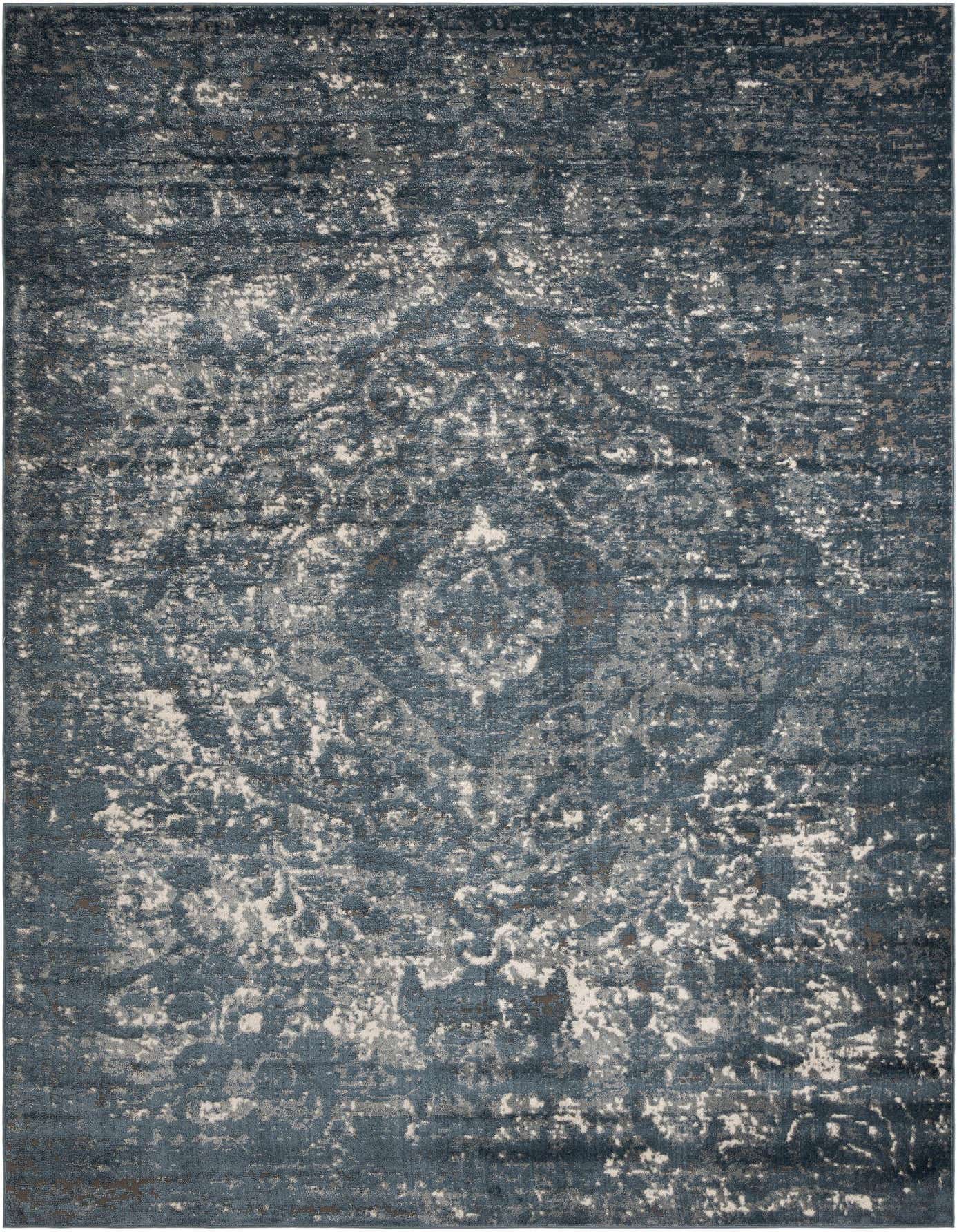A large 10x14 rectangular blue area rug featuring a distressed shabby-chic medallion pattern with hints of grey and white.