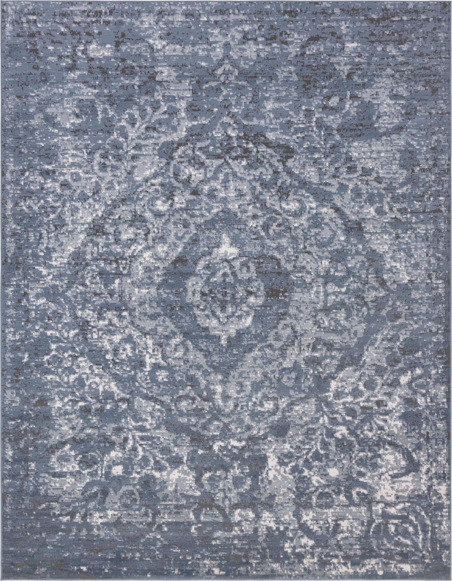 An 8x11 rectangular blue shabby-chic area rug with a faded traditional medallion pattern, ideal for a living room.