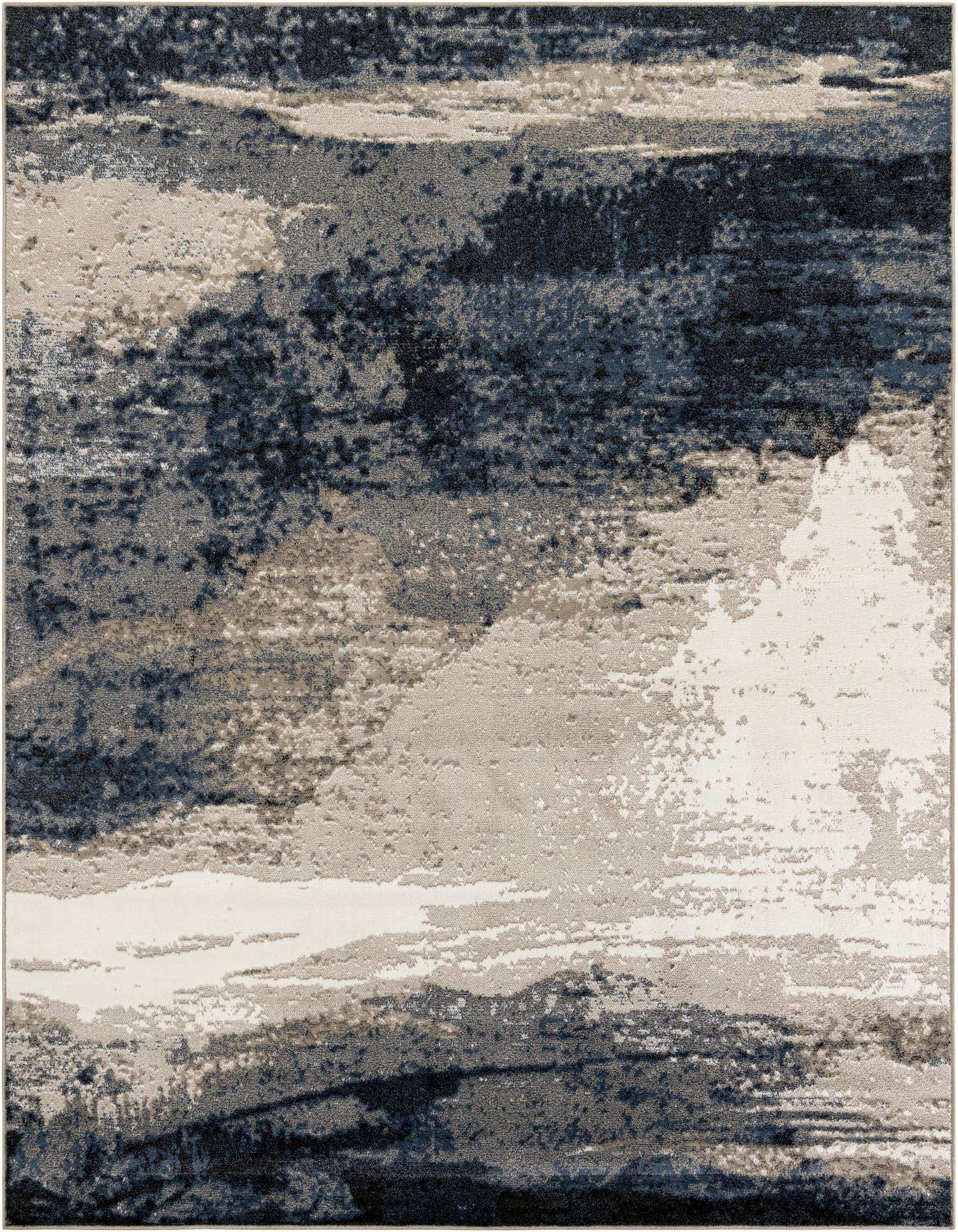 A 9x12 rectangular modern abstract rug featuring a blend of blues, grays, and creams, ideal for a living room.
