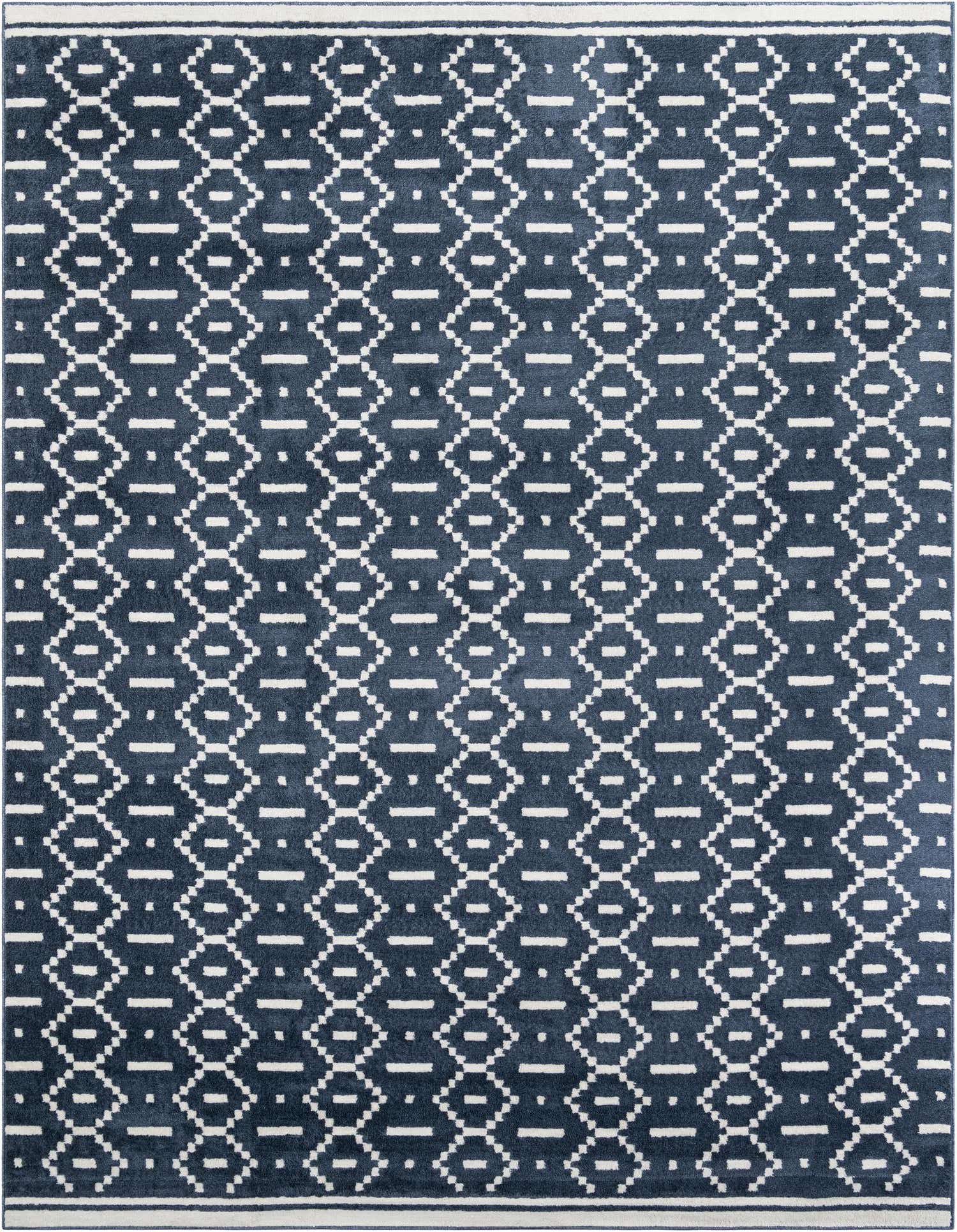 A 10x13 rectangular blue modern rug with a repeating white geometric pattern and a thin white border.