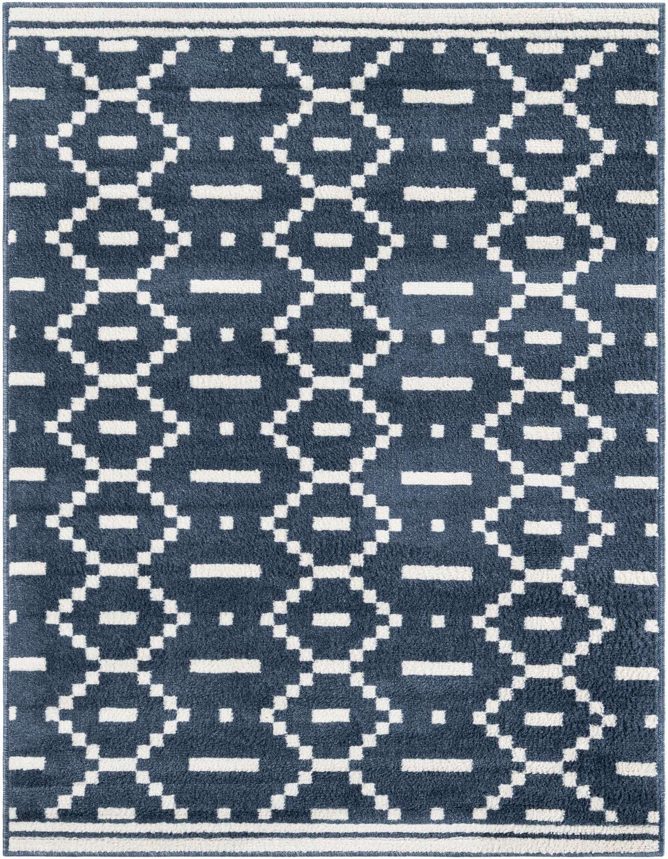 A 4x6 rectangular blue modern area rug with a white geometric diamond and dash pattern, suitable for a living room.