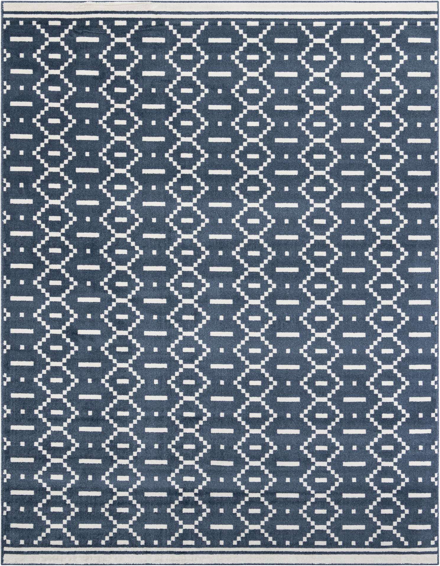 A 9x12 rectangular Rugs.com Oslo rug featuring a modern geometric pattern in various shades of blue and white.