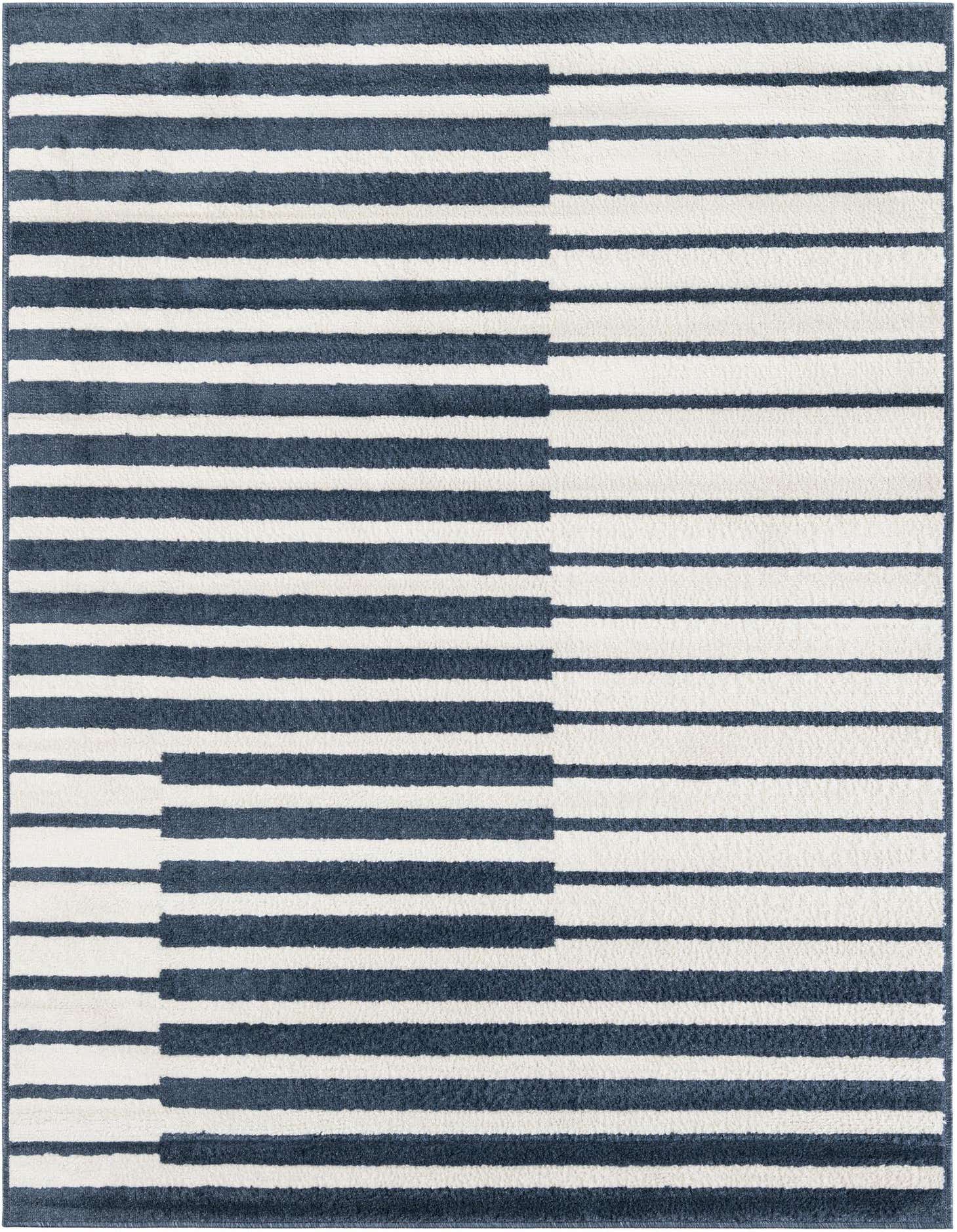 A 5x7 rectangular modern rug featuring a bold geometric stripe pattern in varying shades of blue and white.