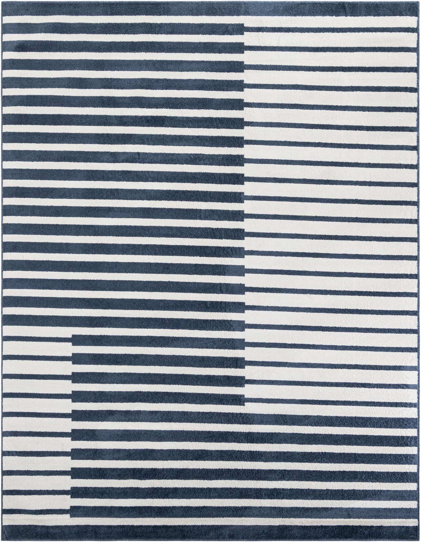 A 9x12 rectangular Oslo rug featuring a modern blue and white horizontal stripe pattern, ideal for a living room.