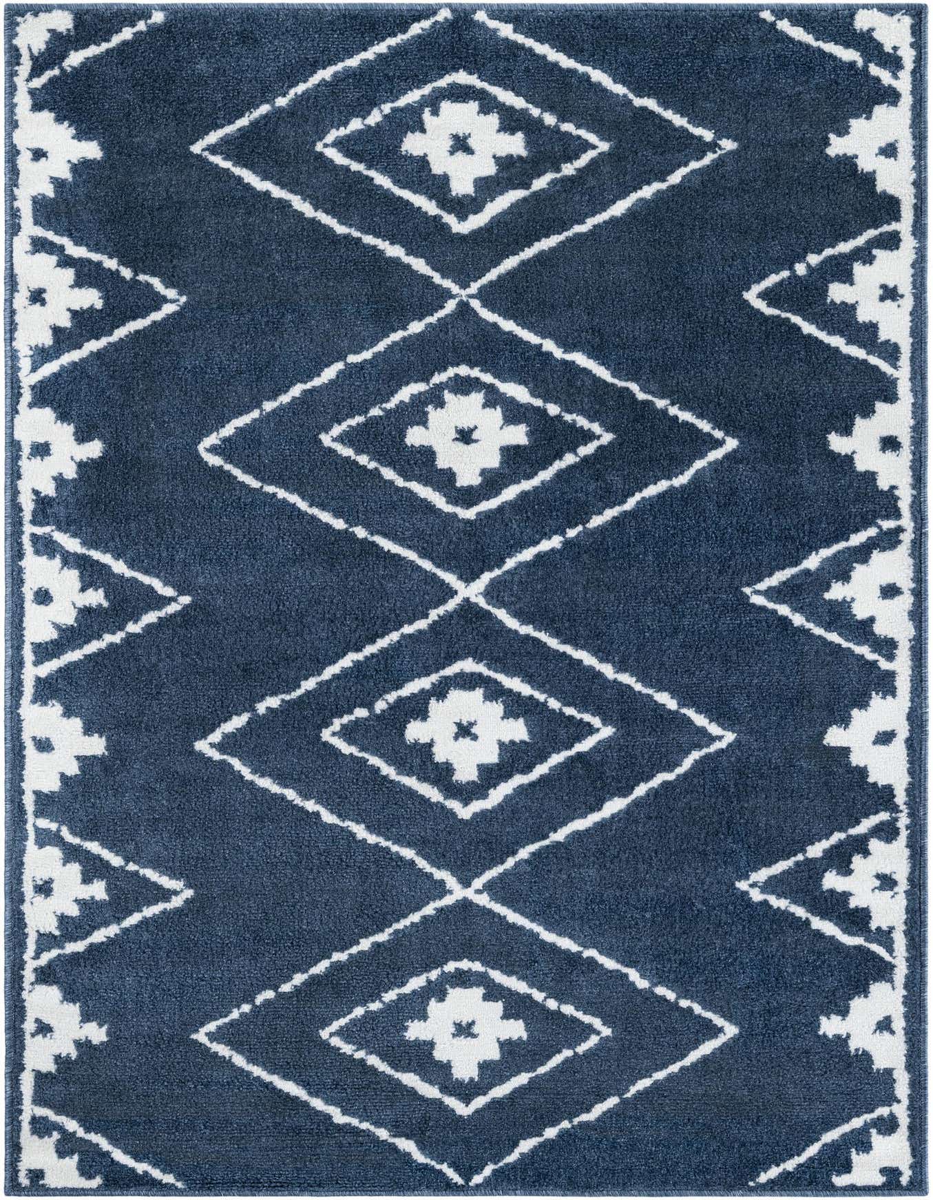 A 4x6 rectangular Oslo rug in deep blue with a modern white geometric diamond pattern, ideal for various indoor rooms.