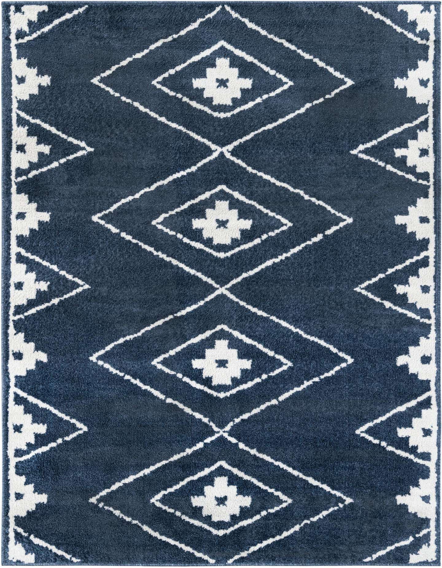 A 5x7 rectangular Oslo Collection rug featuring a modern geometric pattern of white diamonds and crosses on a deep blue background.