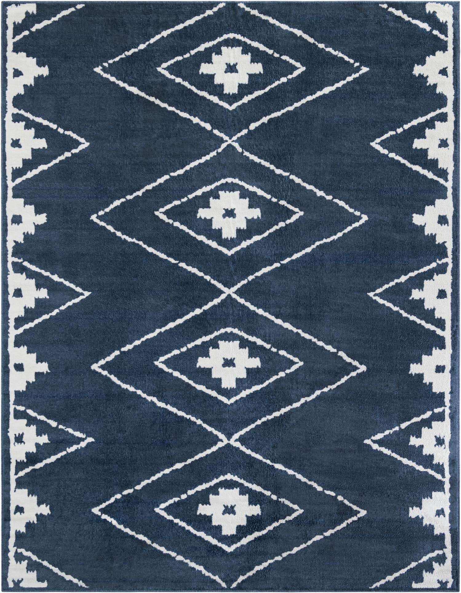 A 9x12 rectangular Oslo rug from Rugs.com with a modern blue background and white diamond patterns.