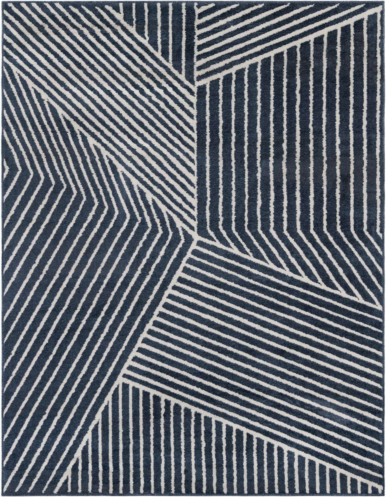 A 6x9 rectangular Oslo rug featuring a modern Scandinavian stripe pattern in varying shades of blue, ideal for a living room.