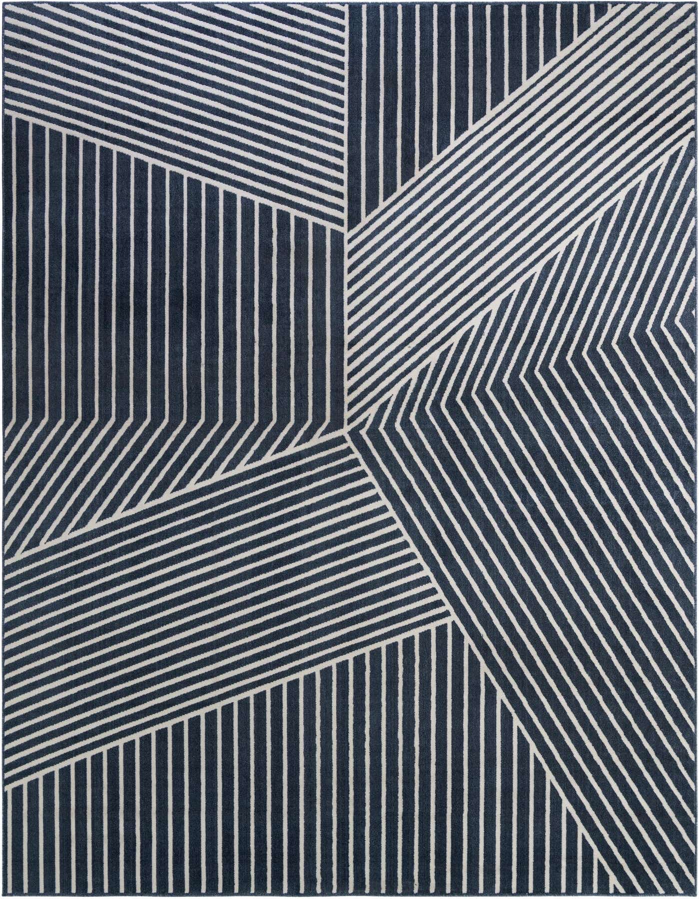 A 10x14 rectangular blue rug with a modern geometric pattern of white stripes creating abstract shapes.