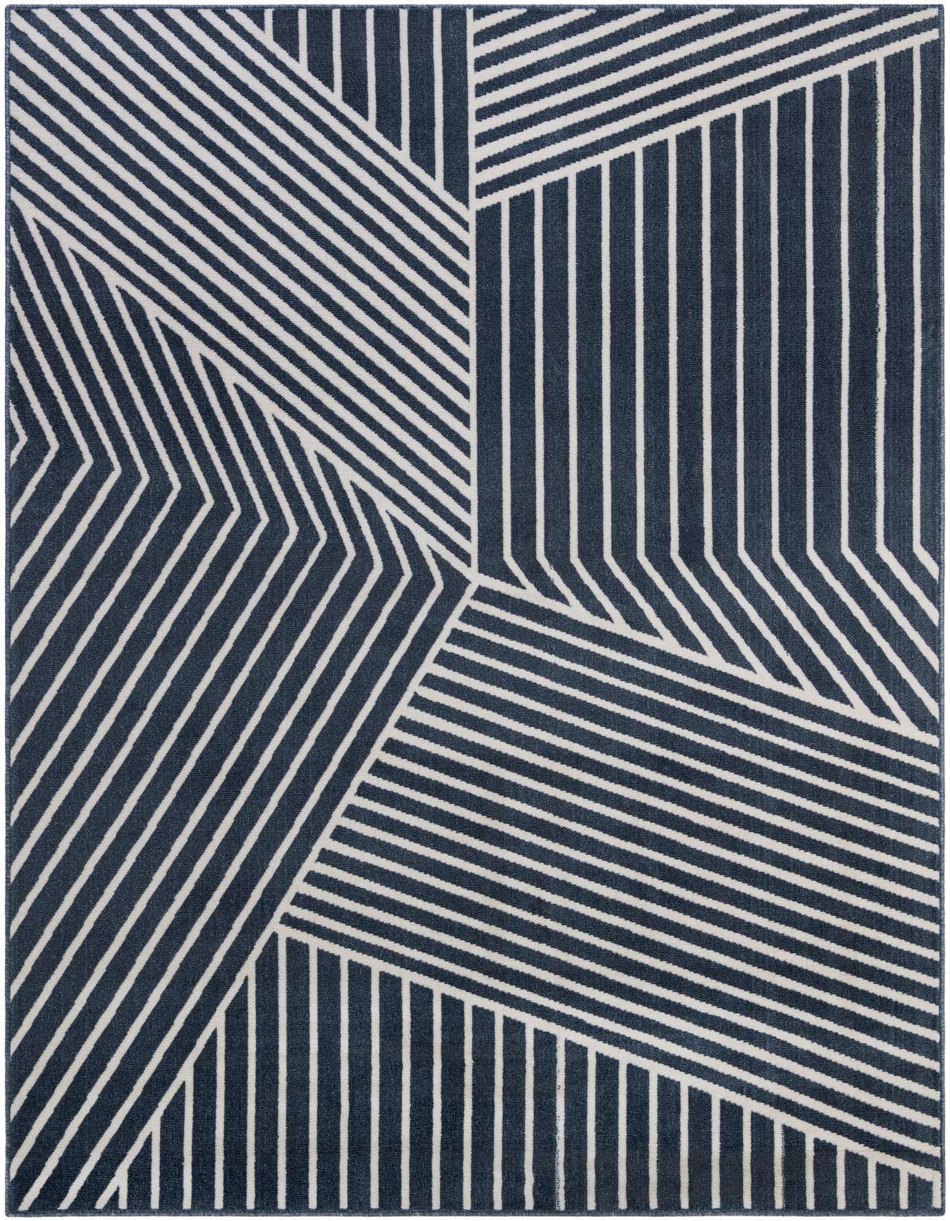 A 7x10 rectangular Oslo rug in shades of blue with a modern geometric stripe pattern, ideal for a living room.